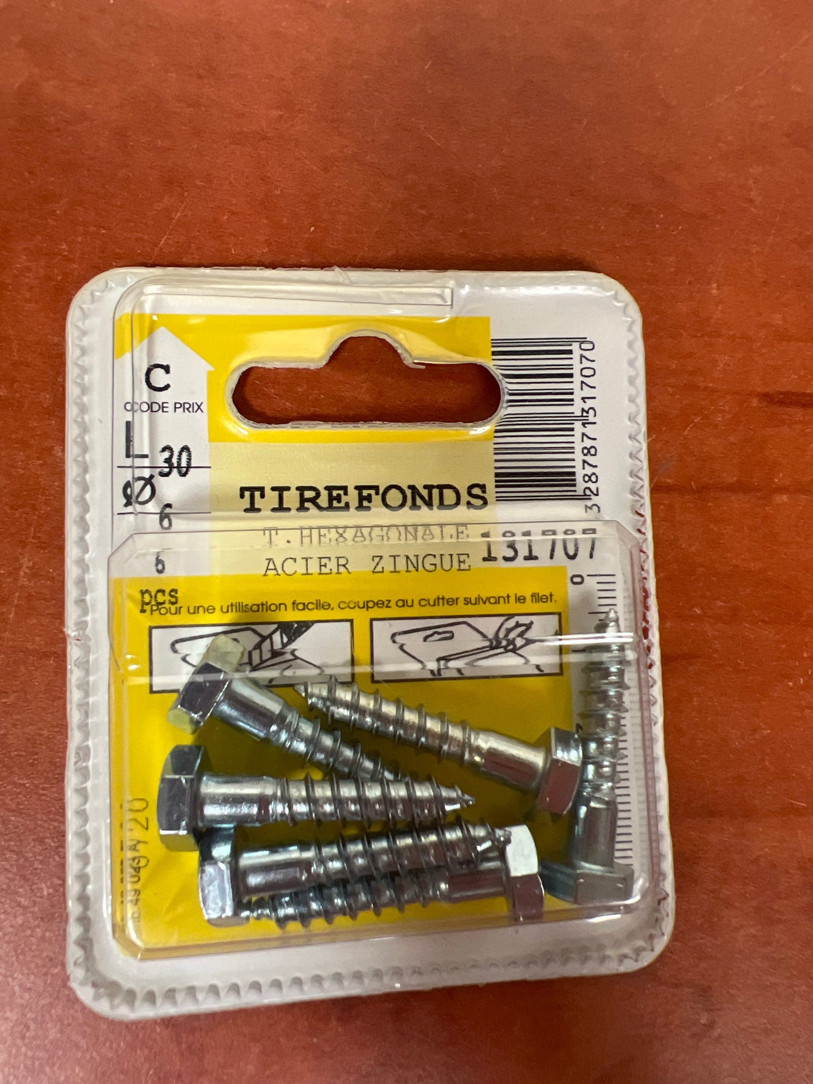 Tirefonds tête hexagonale acier zingué Ø6 x 30