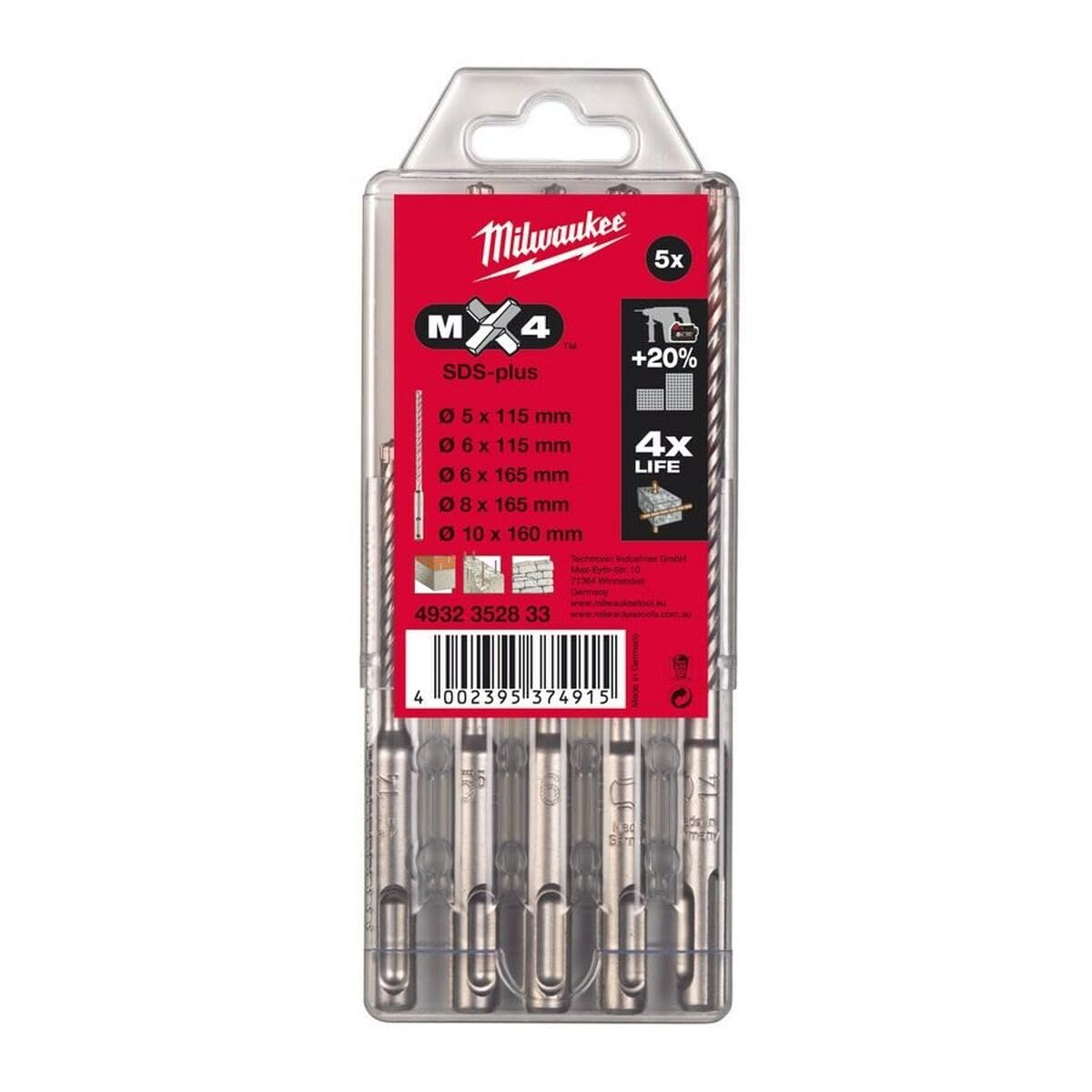 Coffret de 5 forets béton MILWAUKEE RX4 SDS-plus 4932352833