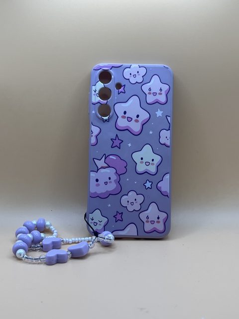 Coque de smartphone violette motif étoiles avec dragonne en perles