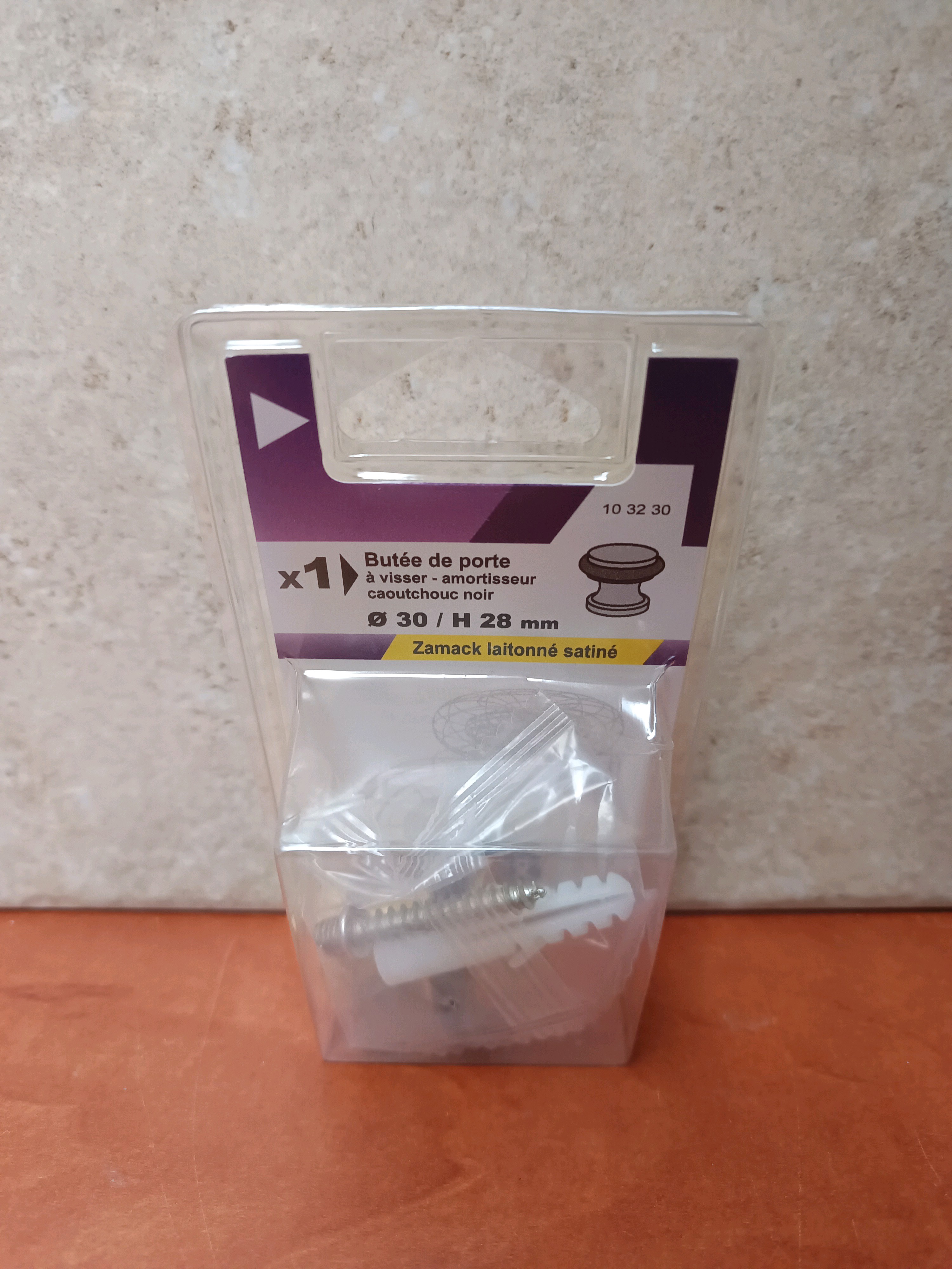 Butée de porte à visser Ø30 x H28 mm - zamak laitonné satiné, amortisseur caoutchouc noir