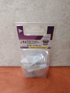 Butée de porte à visser Ø30 x H28 mm - zamak laitonné satiné, amortisseur caoutchouc noir