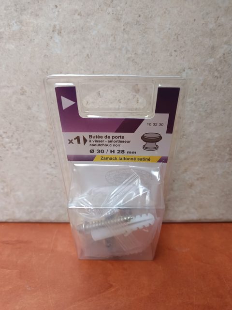 Butée de porte à visser Ø30 x H28 mm - zamak laitonné satiné, amortisseur caoutchouc noir