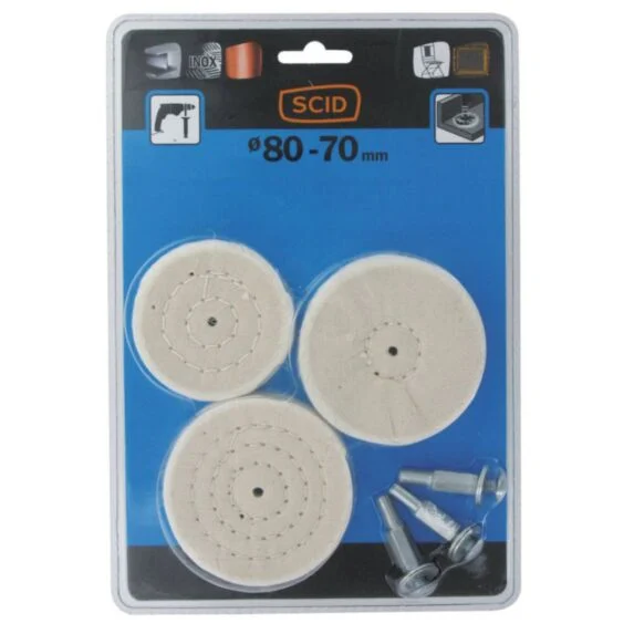 SCID lot de 3 brosses circulaires en coton Ø70-80 mm pour perceuse, polissage lustrage métaux