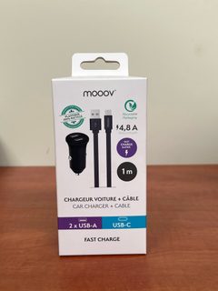 Mooov chargeur voiture + câble USB-C 1 m (2 x USB-A, 4,8 A, Fast Charge)