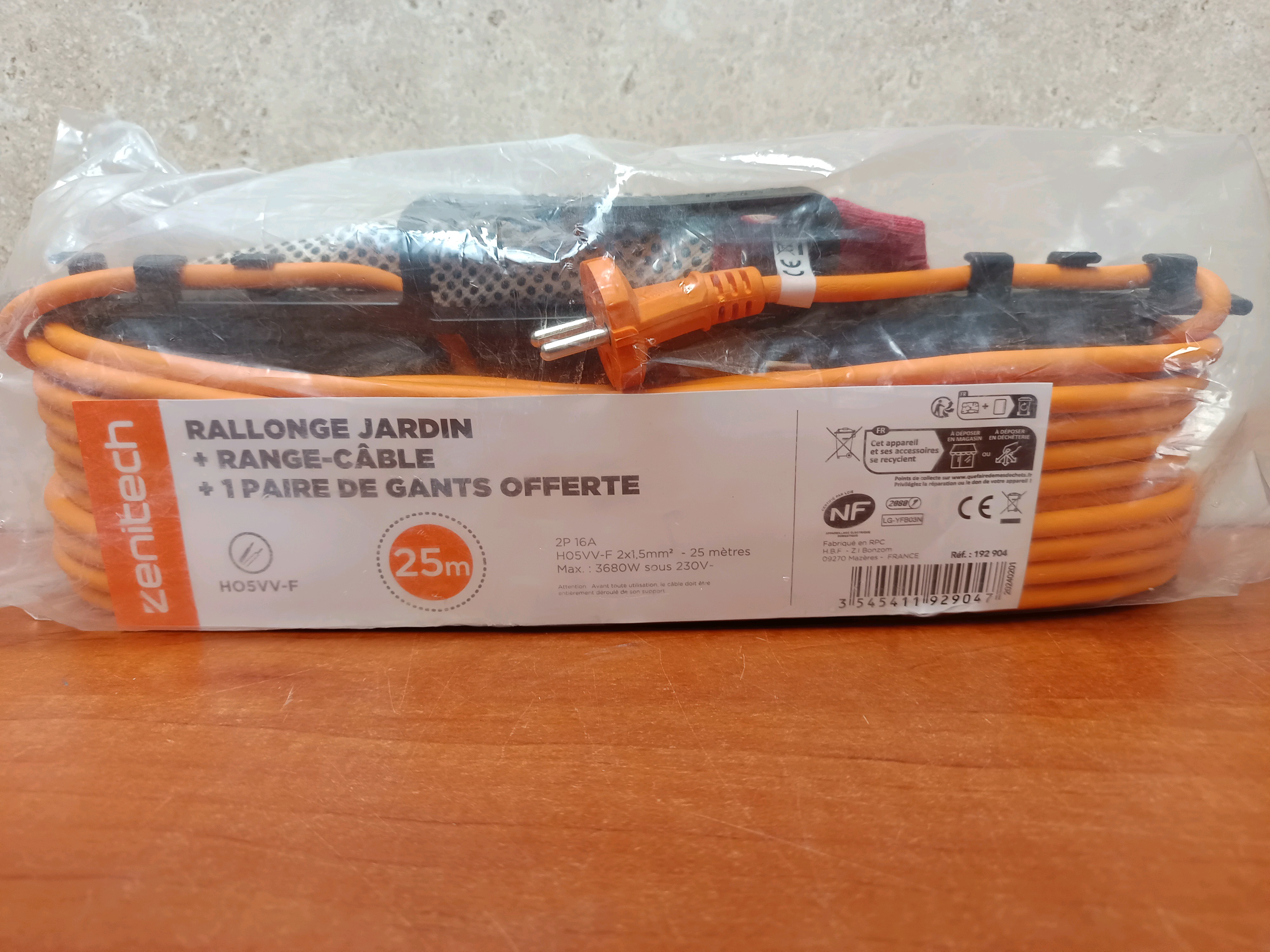 Zenitech Rallonge jardin 25 m avec range-câble + 1 paire de gants offerte