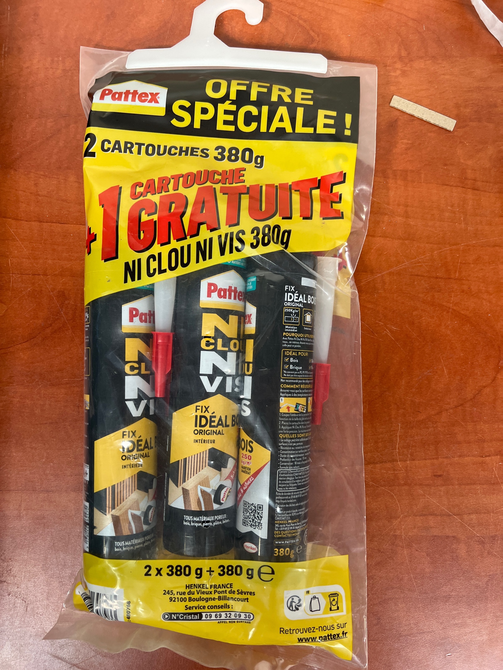 Pattex Ni Clou Ni Vis - Pack 3 cartouches 380 g (2 + 1 gratuite)