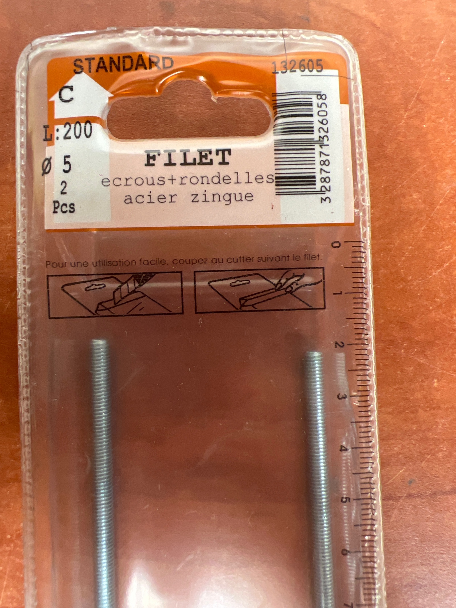 STANDARD FILET Ø5 x 200 mm, écrous + rondelles, acier zingué