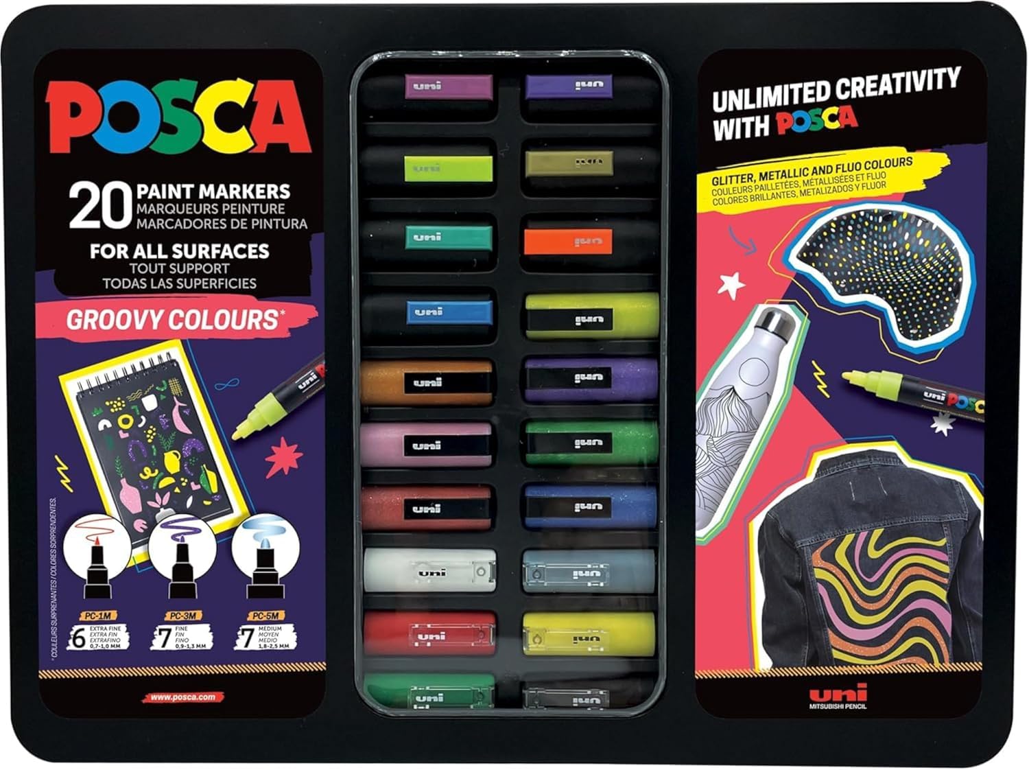 Posca - Malette - Groovy Colours - 20 Marqueurs - Pc1-1m - Pc-3m - Pc-5m