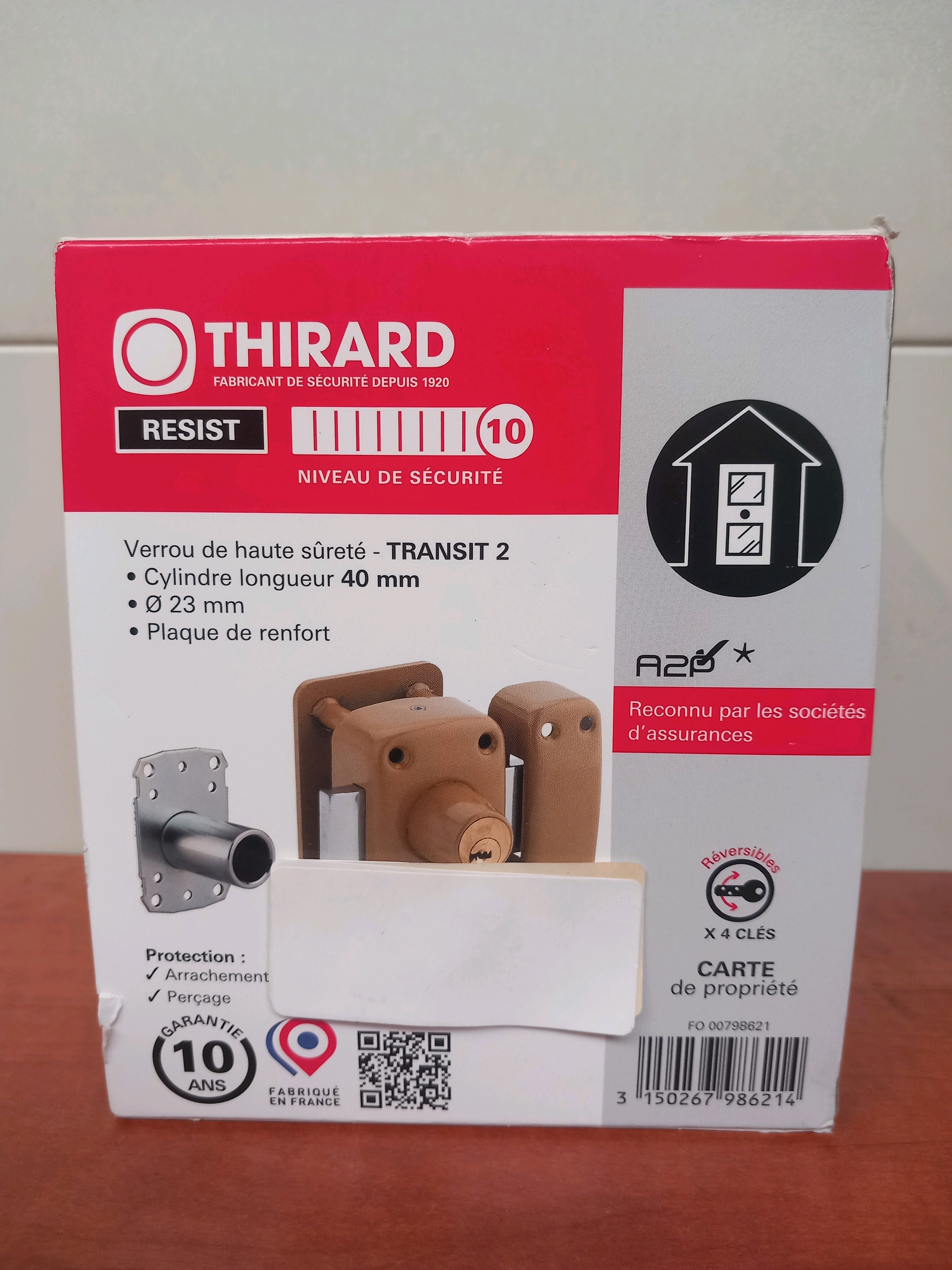 Thirard Transit 2 - Verrou de haute sûreté, cylindre Ø23 mm longueur 40 mm