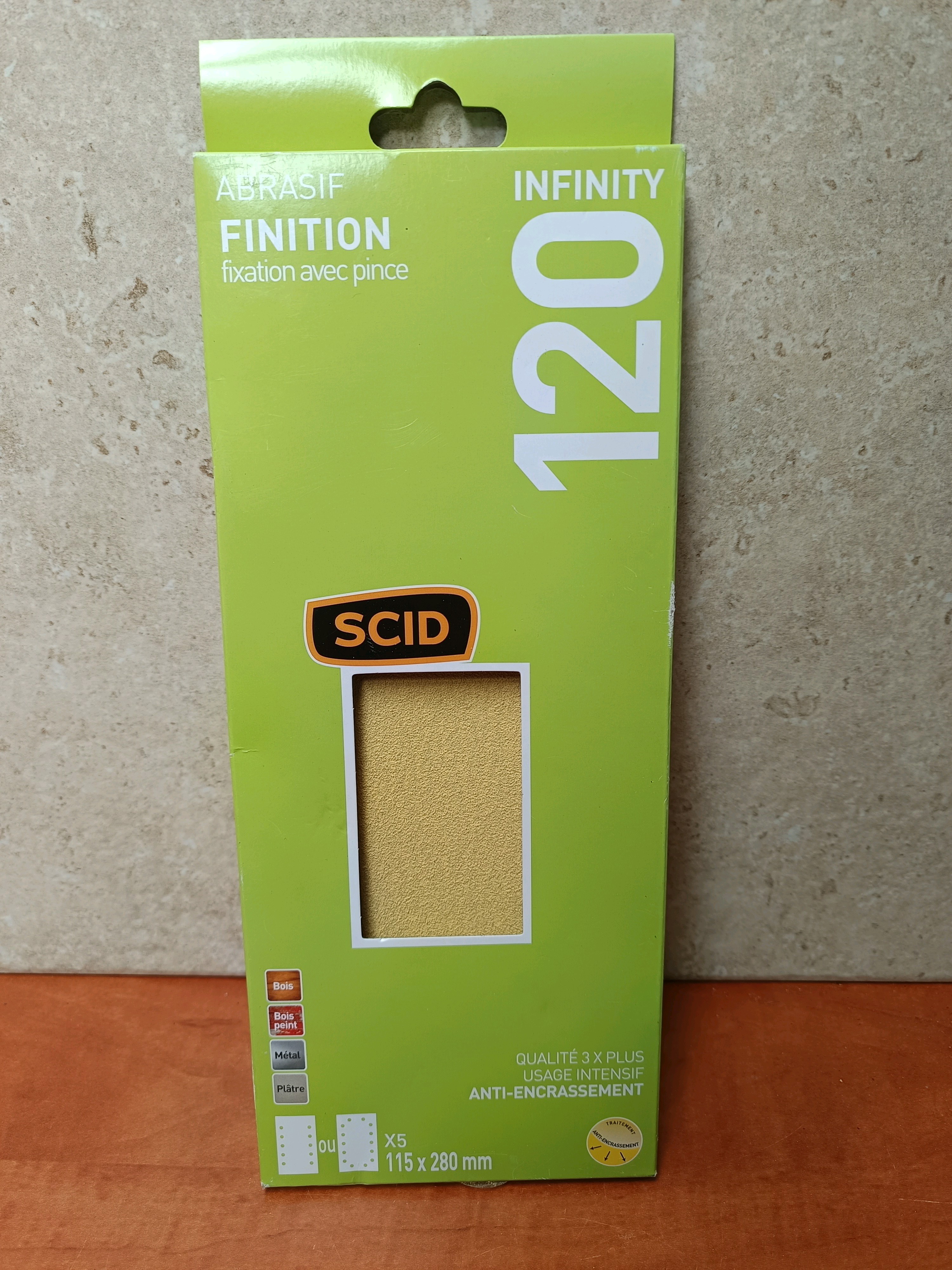 SCID Infinity abrasif finition grain 120, 115 x 280 mm, fixation avec pince