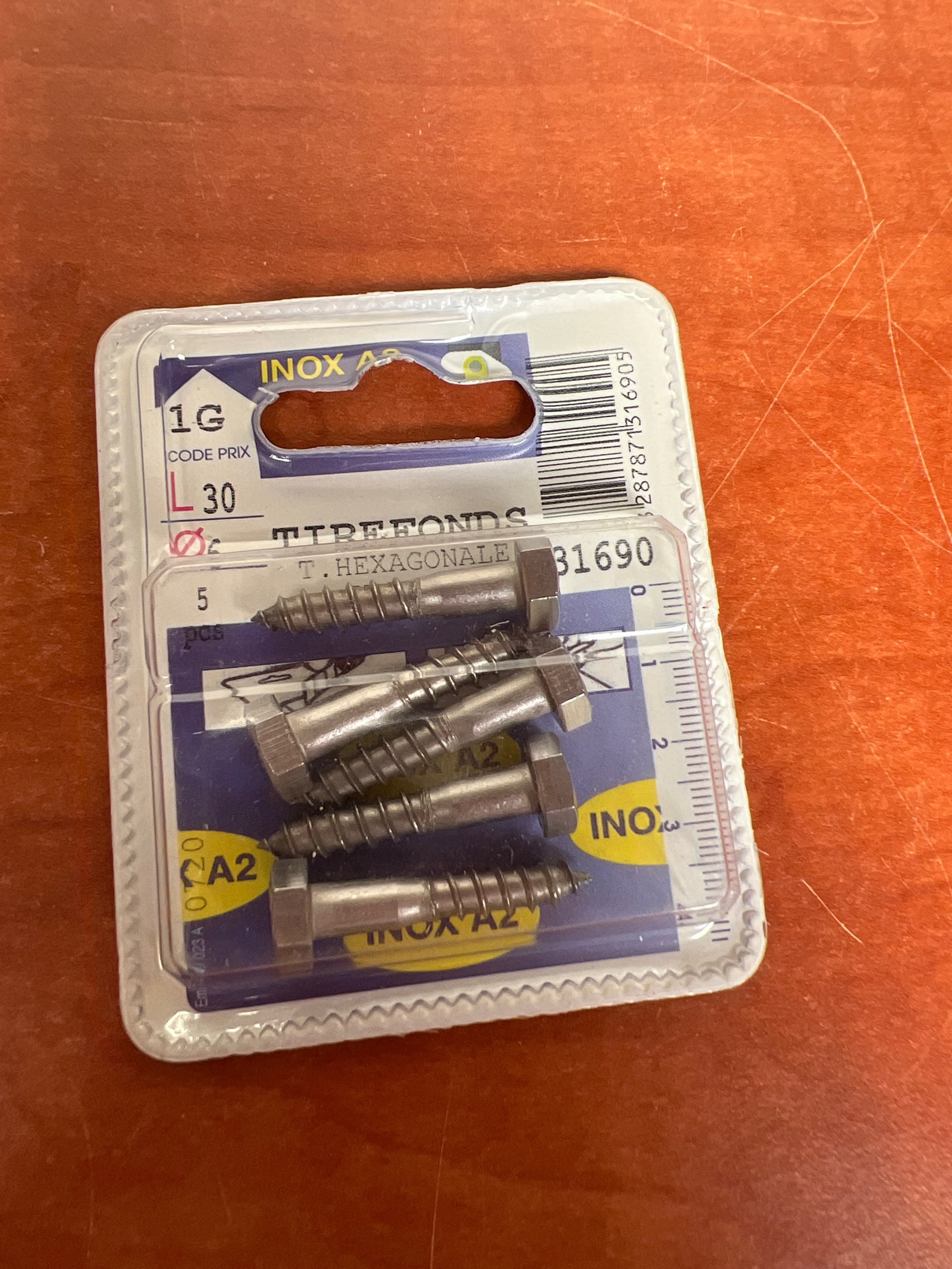 Tirefonds tête hexagonale Inox A2 Ø6 x 30 mm