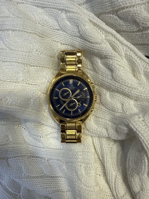 Montre Festina F20267/2 chronographe cadran bleu bracelet métal doré