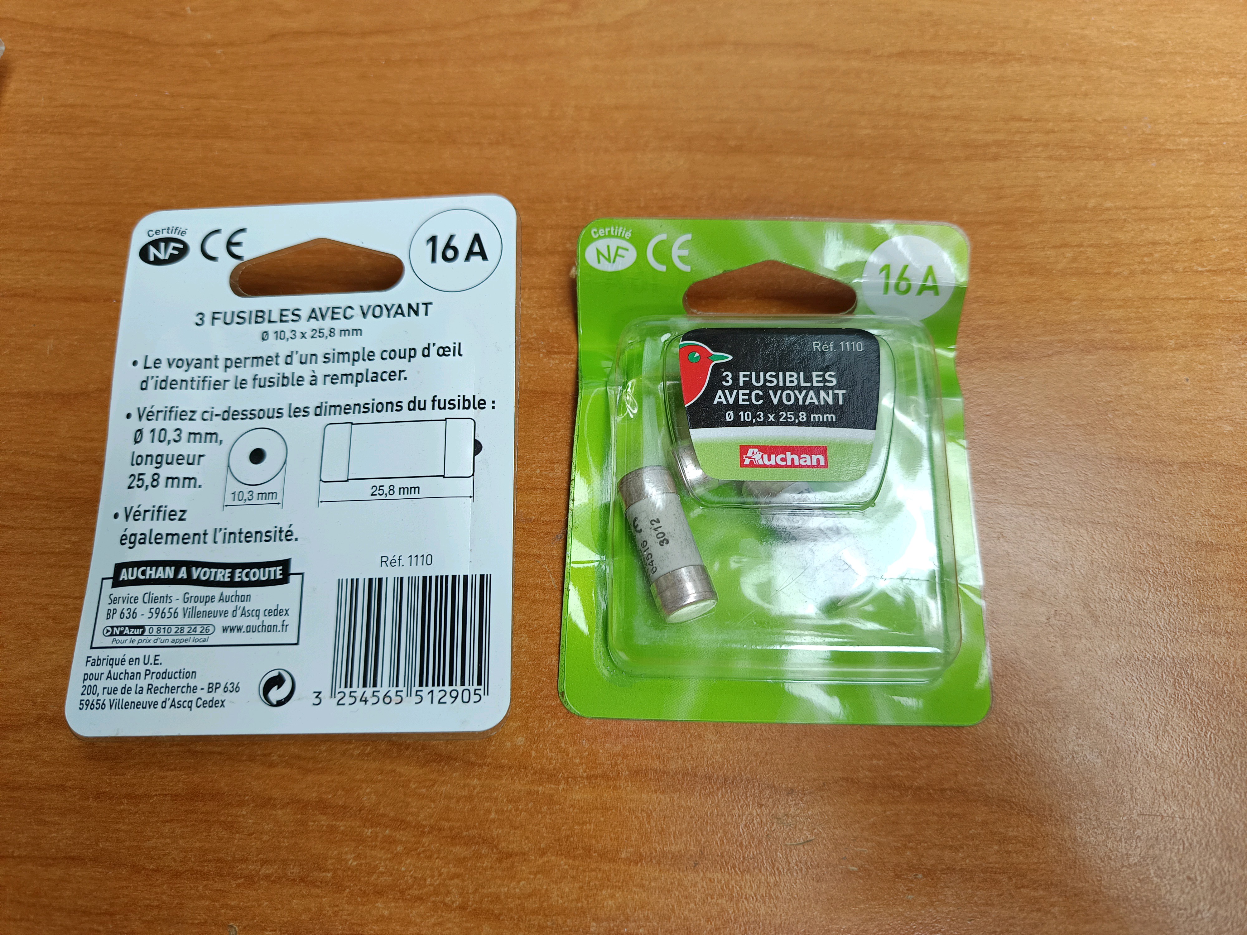Auchan - Lot de 3 fusibles avec voyant 16 A (10,3 x 25,3 mm)