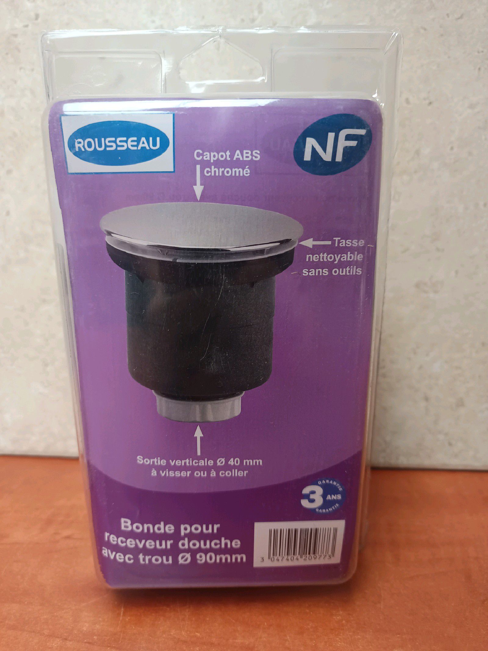 Rousseau Bonde pour receveur de douche Ø90 mm, sortie verticale Ø40 mm, capot ABS chromé