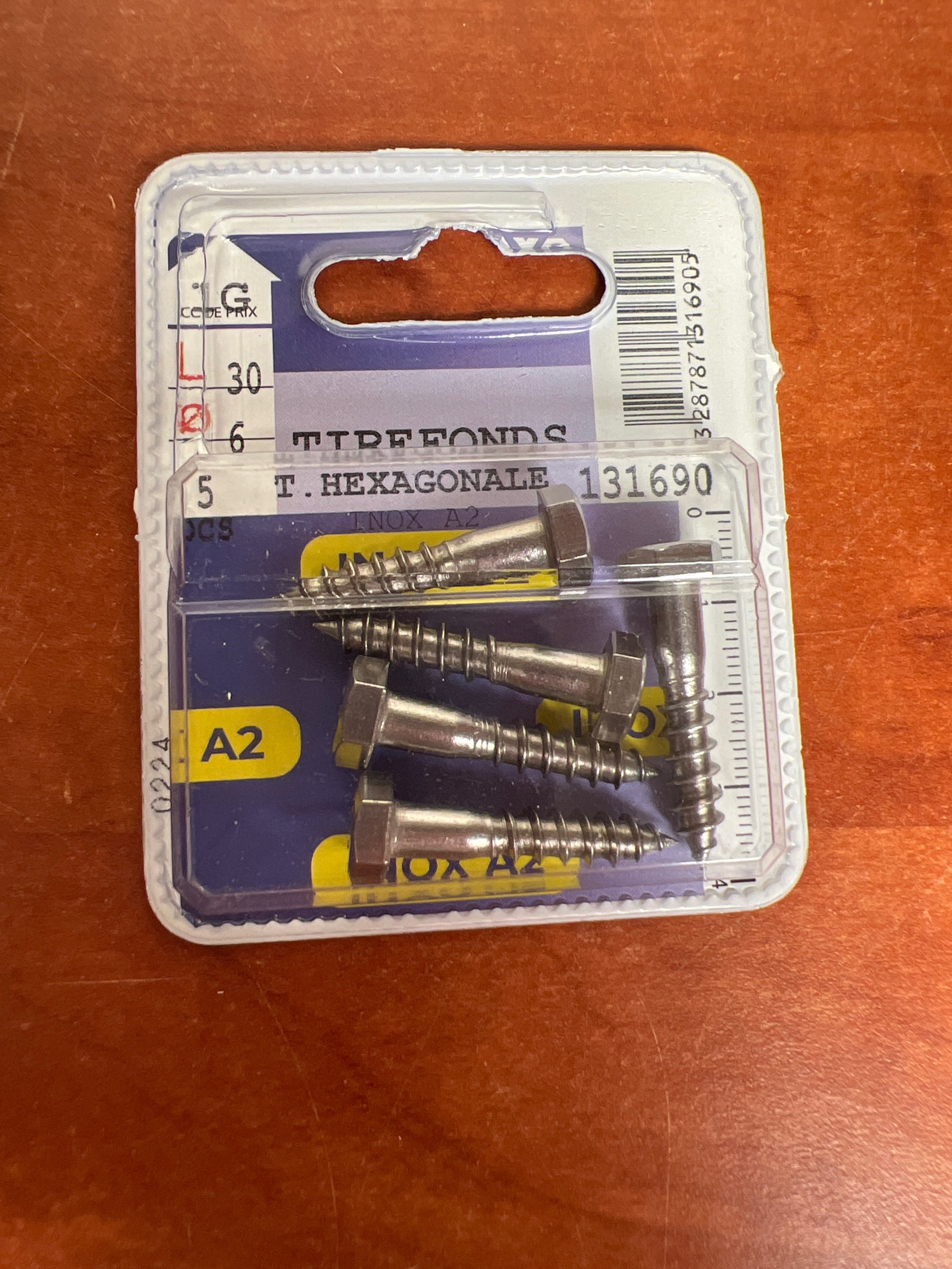Tirefonds tête hexagonale Inox A2 Ø6 x 30 (x5)