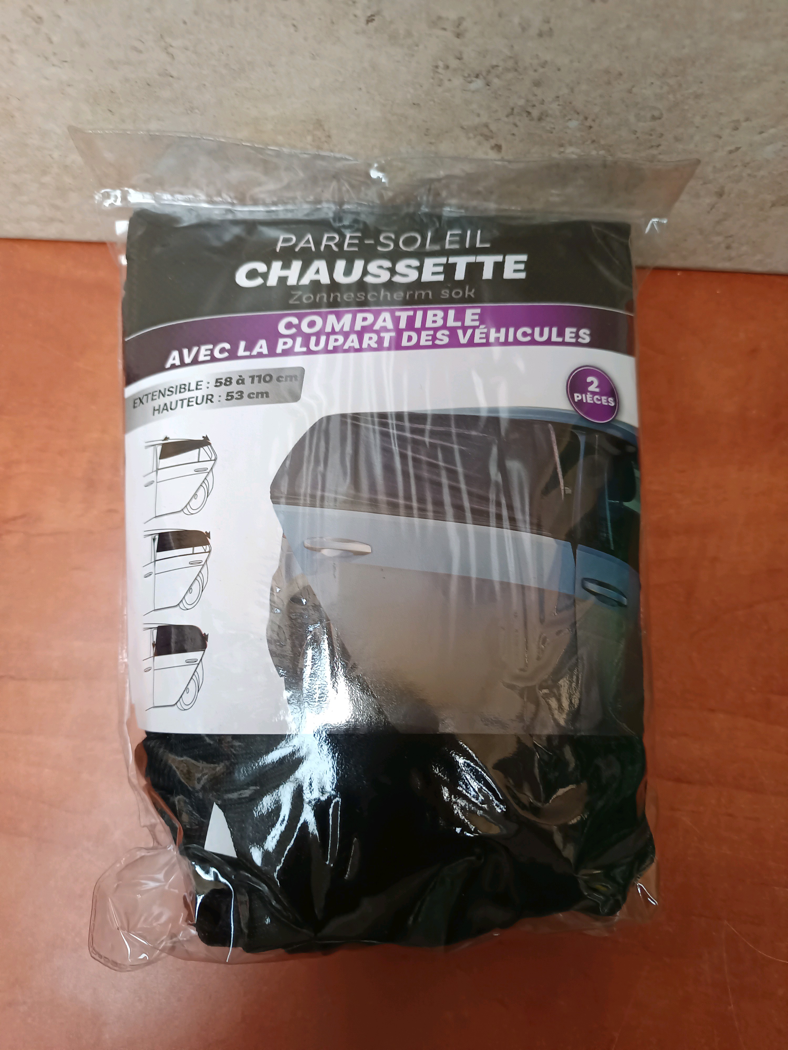 Pare-soleil chaussette voiture — 2 pièces, extensible 58 à 110 cm, hauteur 52 cm