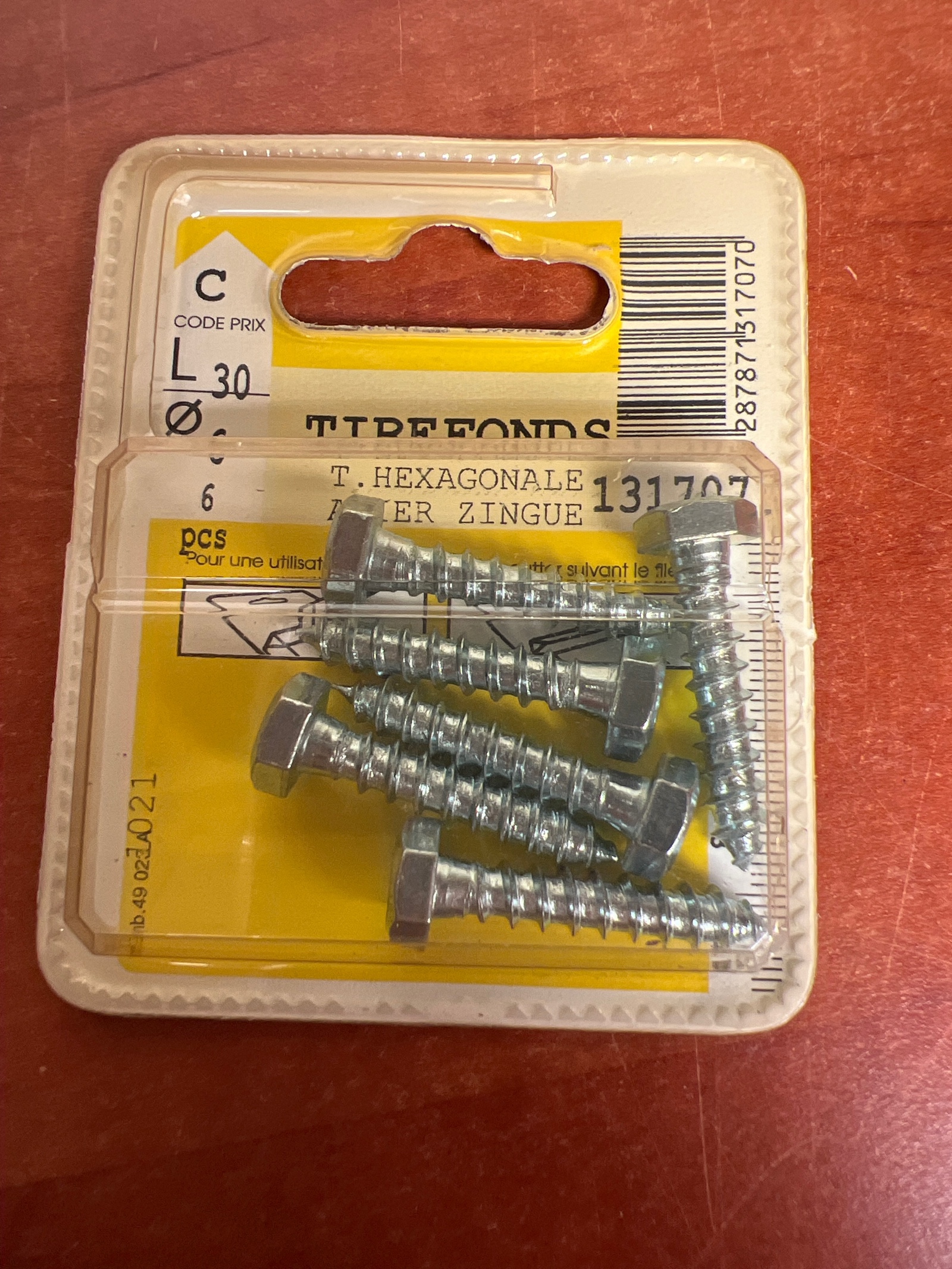 Tirefonds tête hexagonale acier zingué L 30 mm (lot de 6)
