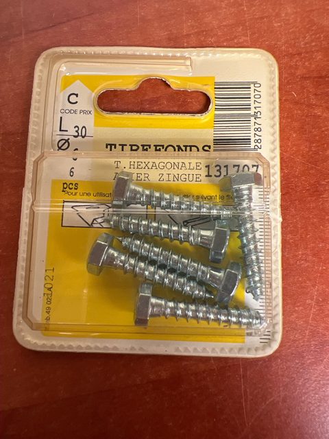 Tirefonds tête hexagonale acier zingué L 30 mm (lot de 6)