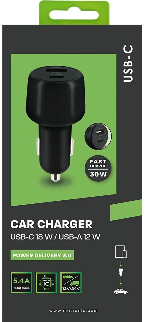 Metronic Chargeur voiture USB-C 18W / USB-A 12W - Power Delivery 3.0