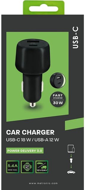 Metronic Chargeur voiture USB-C 18W / USB-A 12W - Power Delivery 3.0