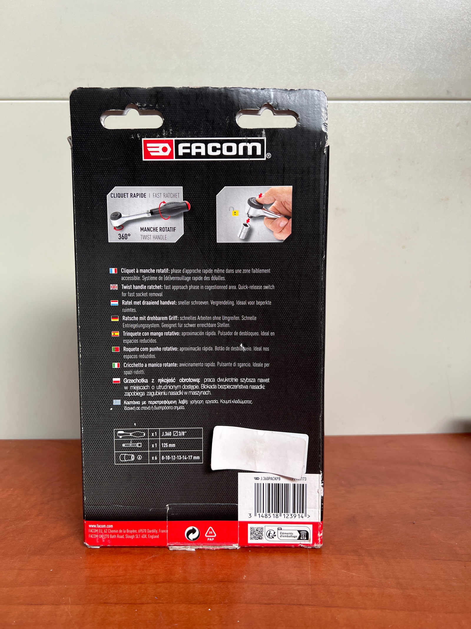 FACOM coffret cliquet 3/8 pouce - 8 outils (douilles 8, 10, 12, 13, 14, 17 mm, cliquet 125 mm) — photo 2