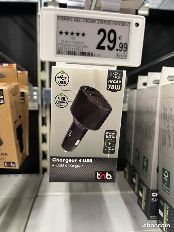 Chargeur allume-cigare T'nB 78W 2 USB-C + 2 USB