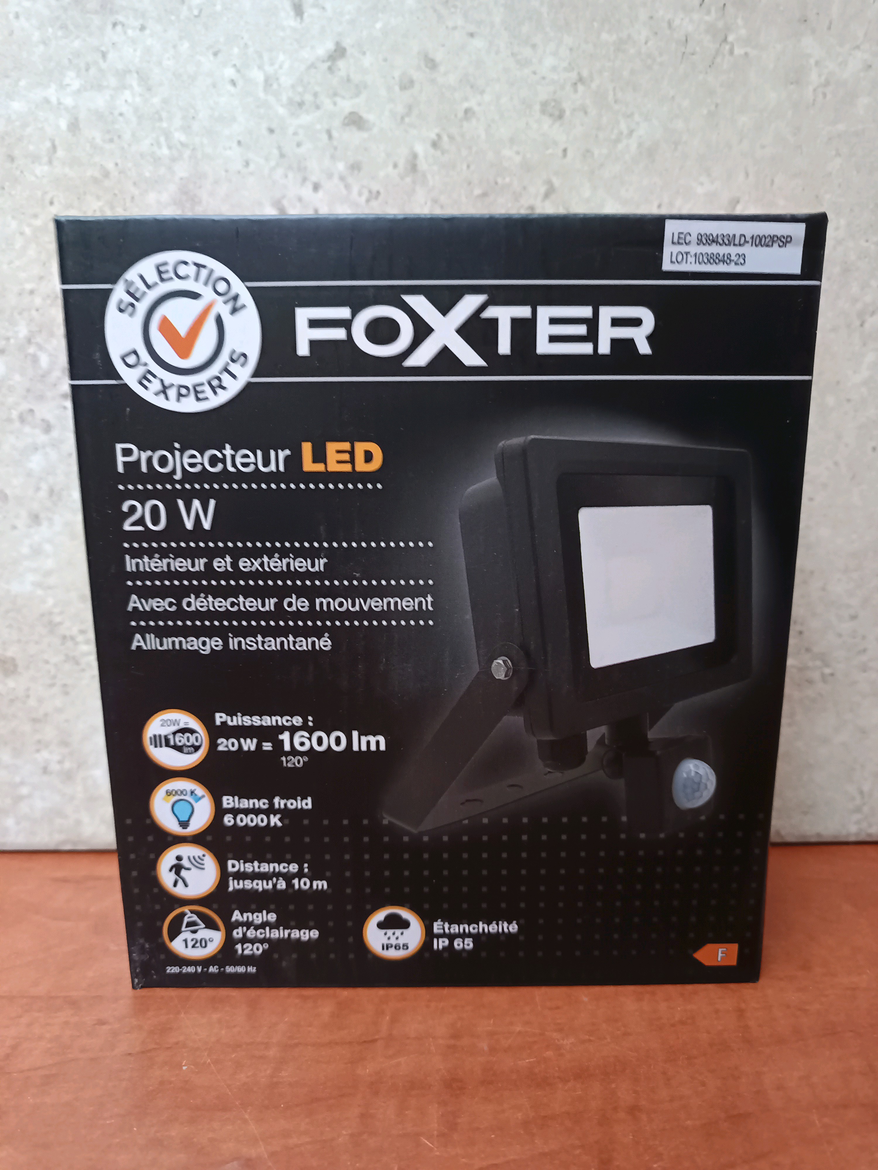 Foxter Projecteur LED 20W avec détecteur de mouvement
