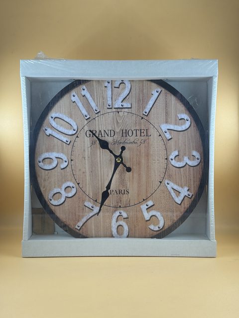 Horloge murale ronde bois style vintage Grand Hotel Paris chiffres en relief