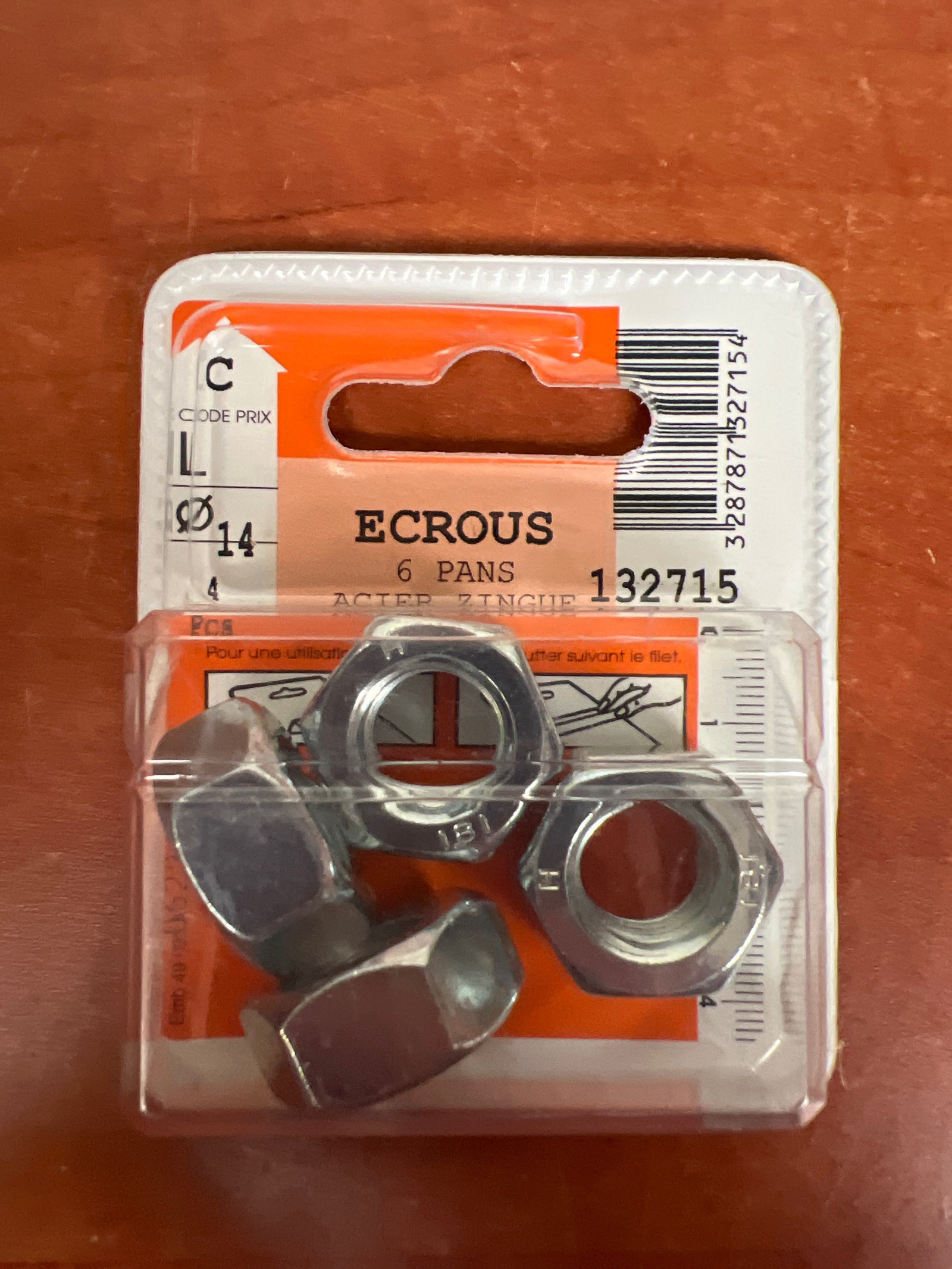 Écrous 6 pans Ø14 acier zingué