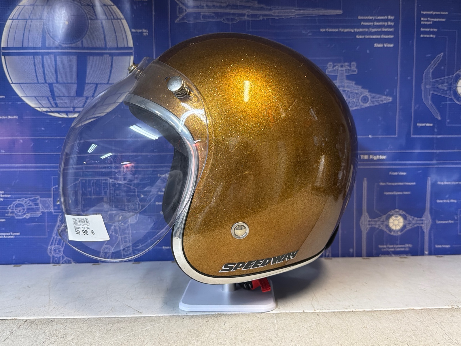 Casque moto jet Speedway or pailleté, visière bulle — photo 2
