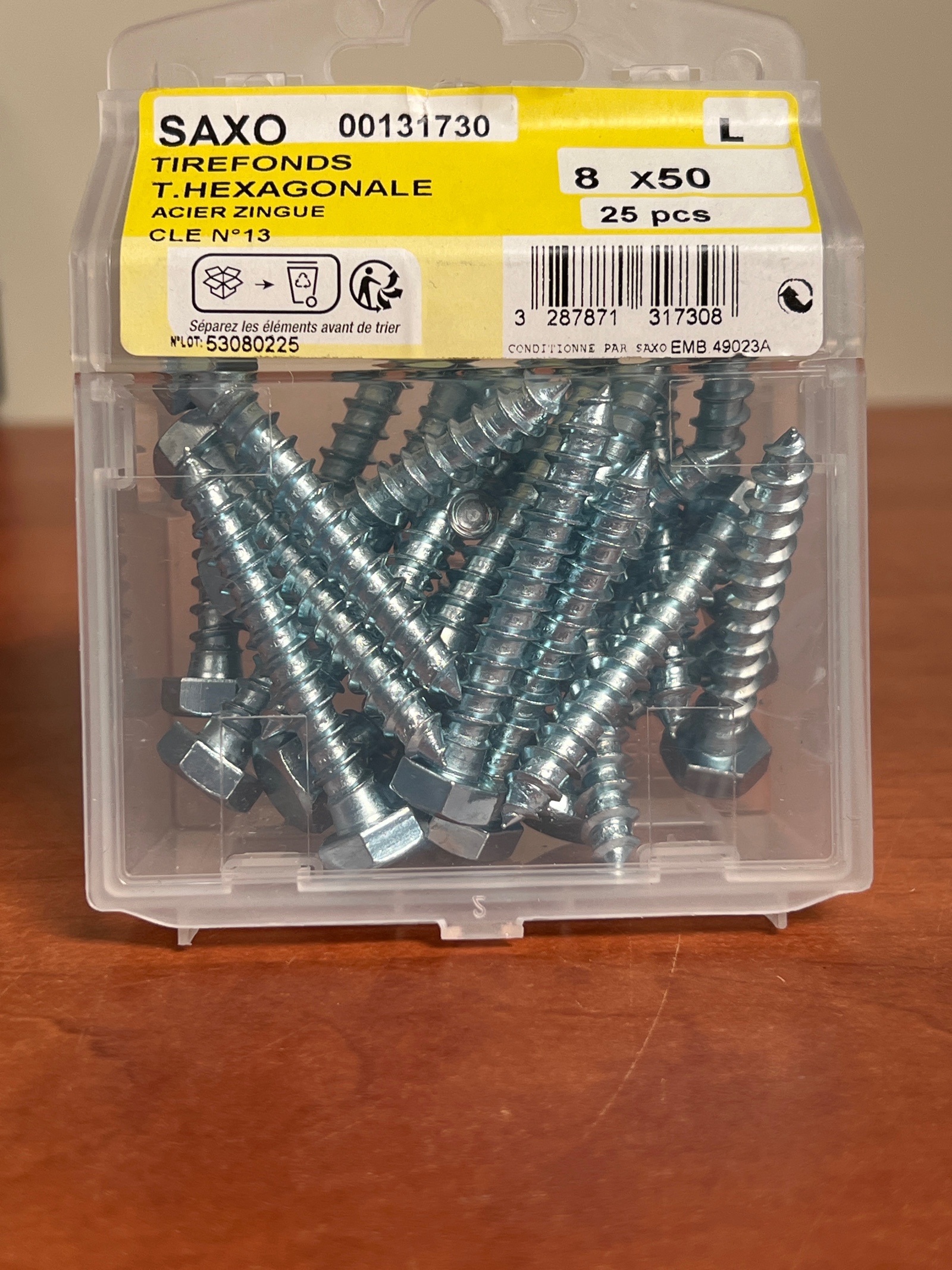 SAXO tirefonds tête hexagonale 8 x 50 acier zingué