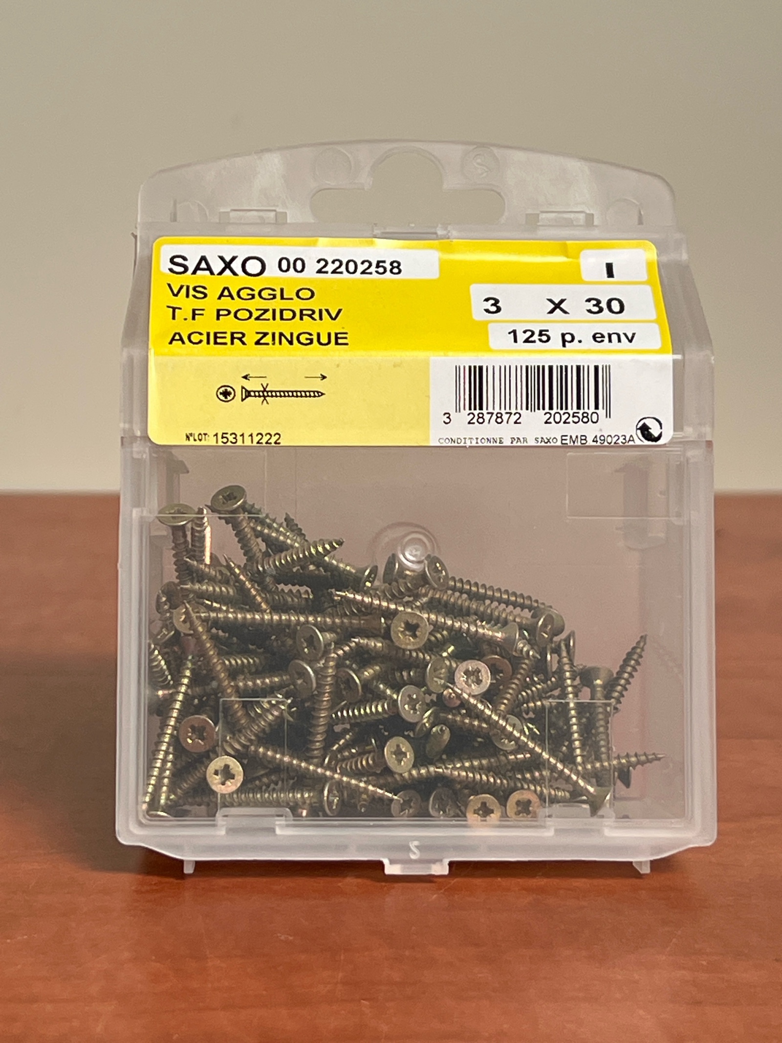 SAXO 00 220258 – Vis agglo T.F Pozidriv acier zingué 3 x 30 (env. 125 p.)