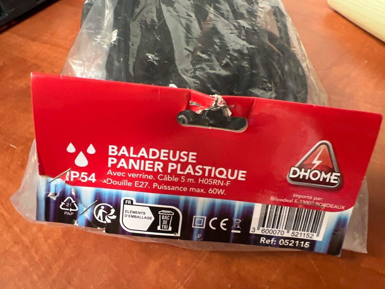 Dhome Baladeuse panier plastique IP54, câble 5 m H05RN-F, douille E27, 60W max