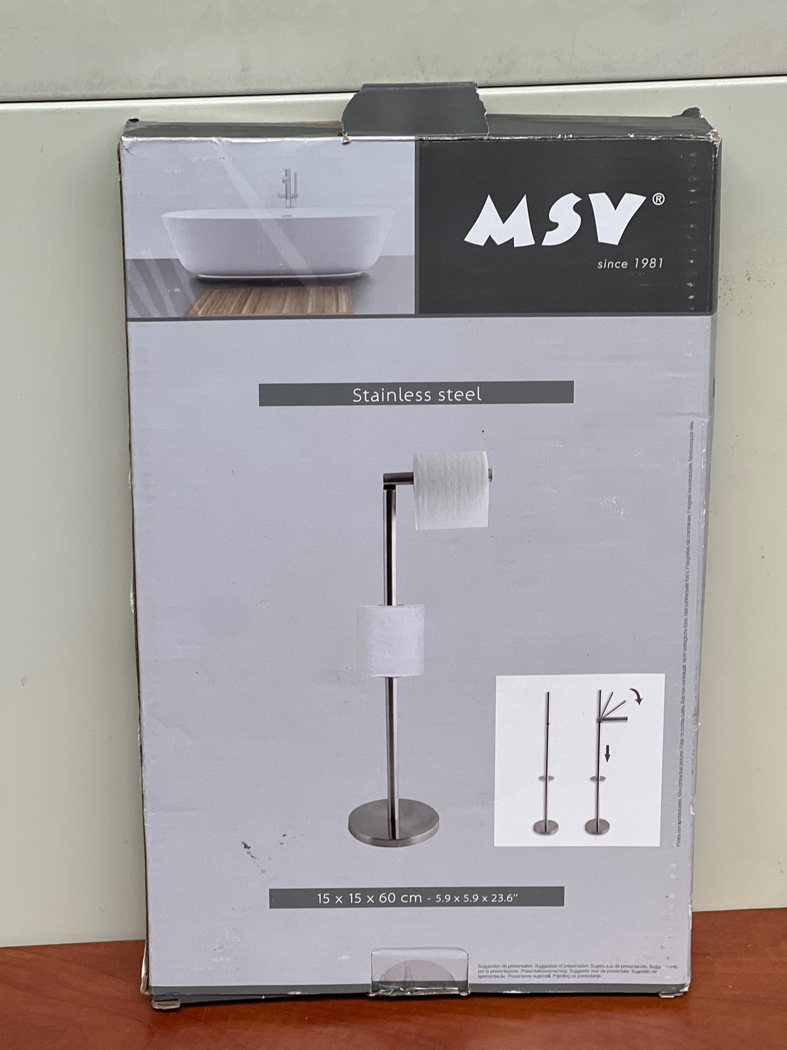 MSV porte-papier toilette sur pied en acier inoxydable 15 x 15 x 60 cm