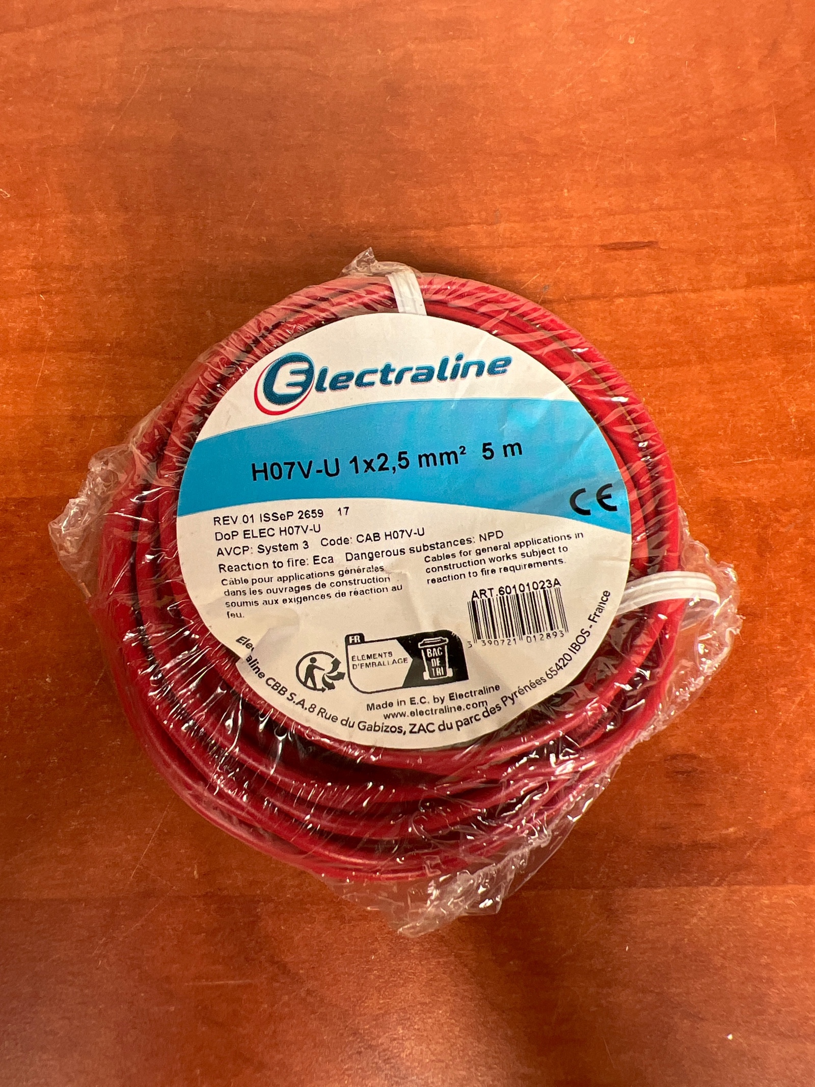 Electraline H07V-U 1x2,5 mm² 5 m - câble électrique