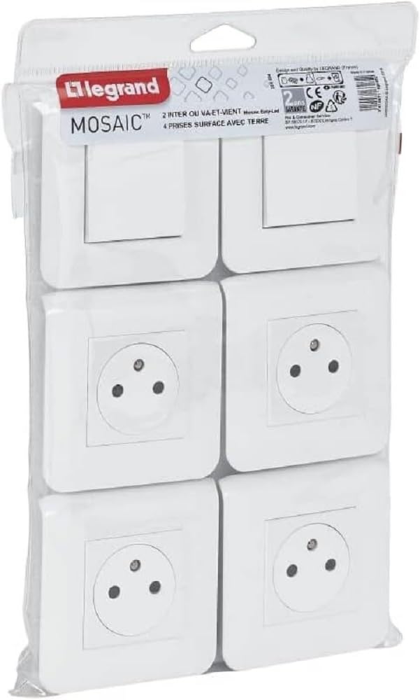Lot de 4 prises de courant 2P+T 16A + 2 va-et-vient 10A complet Mosaic - Blanc