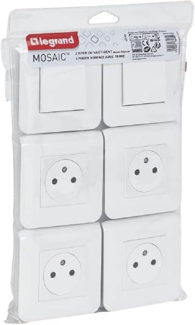 Lot de 4 prises de courant 2P+T 16A + 2 va-et-vient 10A complet Mosaic - Blanc