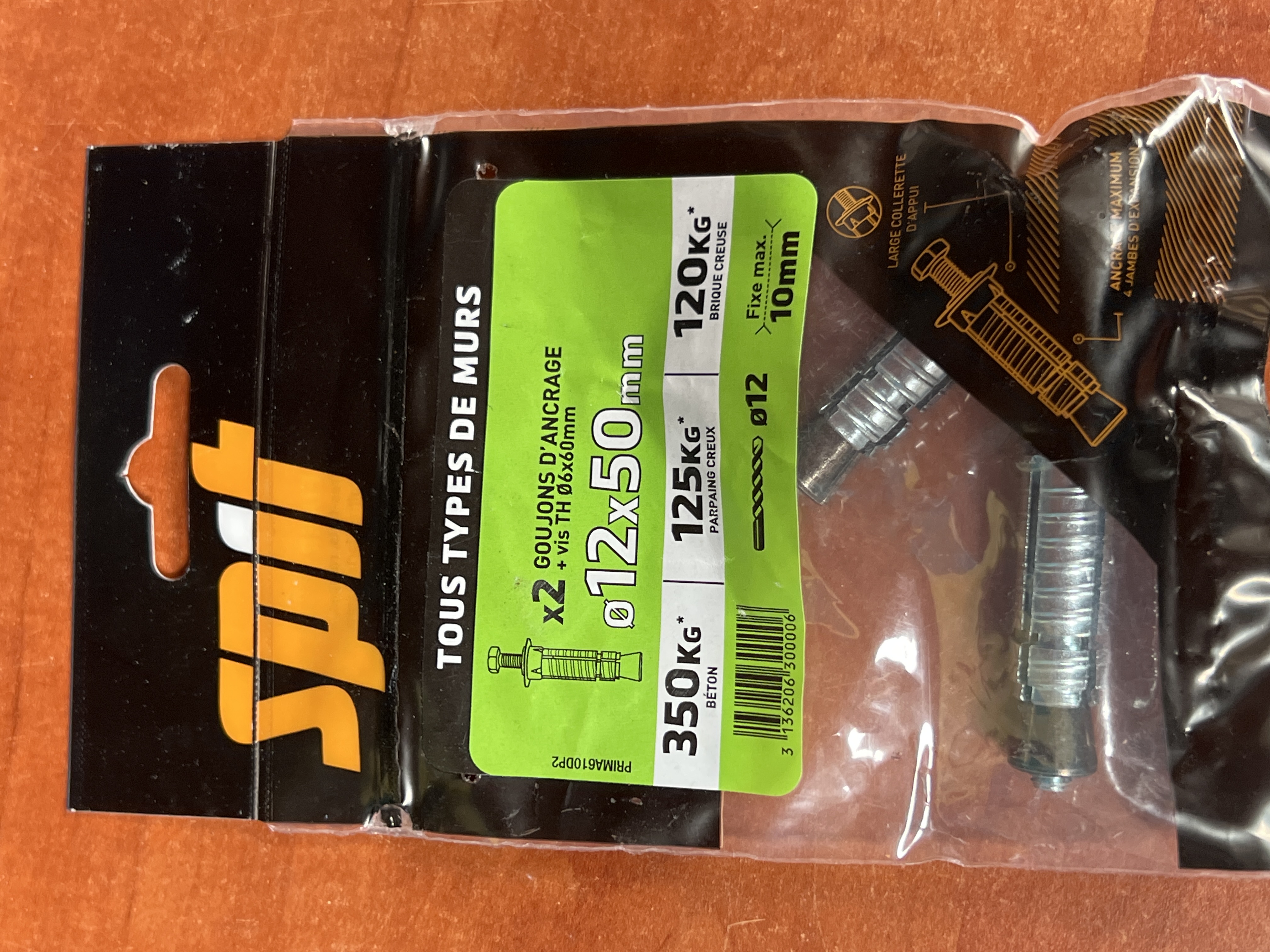 SPIT lot de 2 goujons d’ancrage PRIMA 12 x 50 mm avec vis