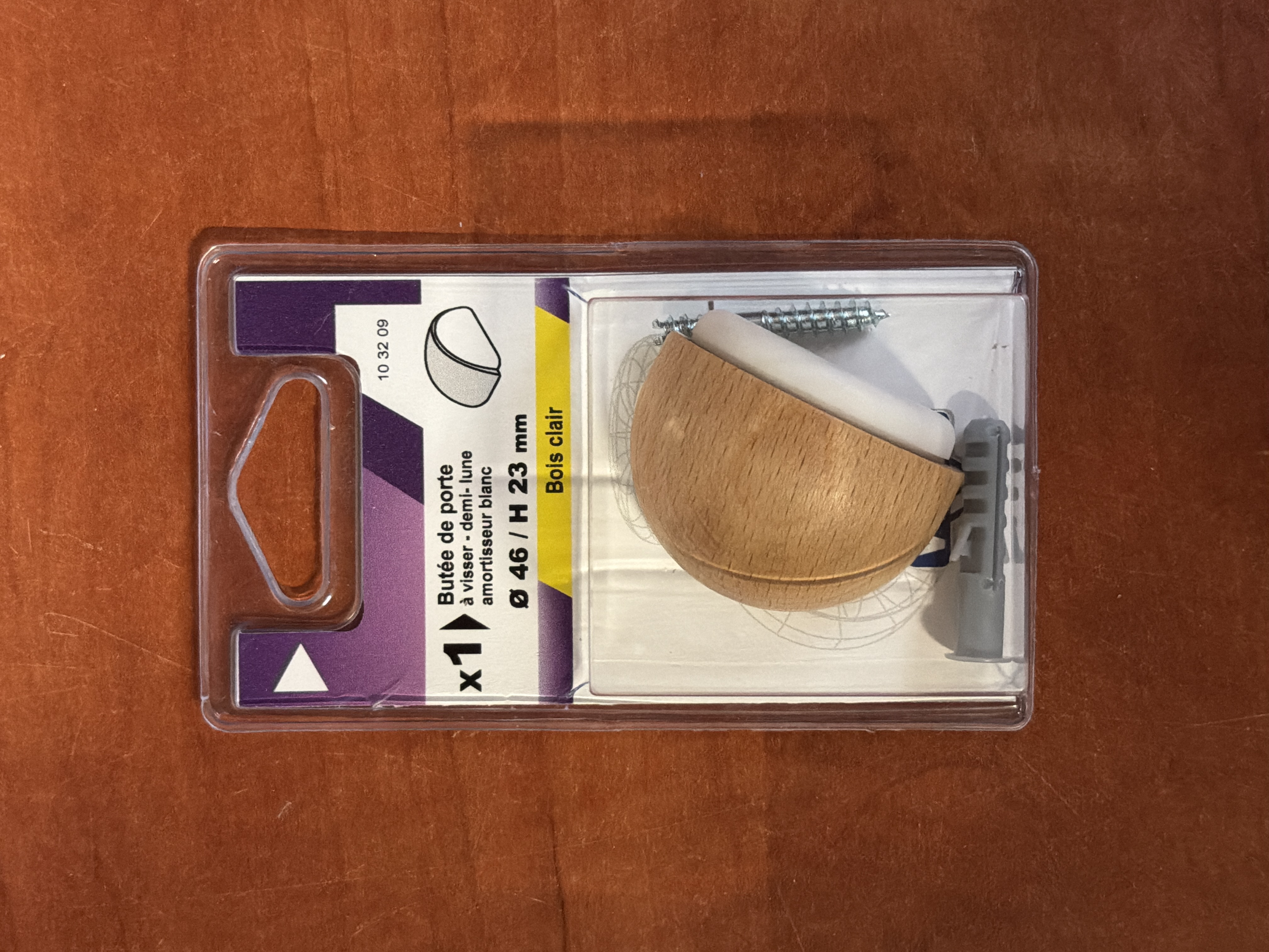 Butée de porte à visser en bois clair Ø46 mm H 23 mm, avec vis et cheville