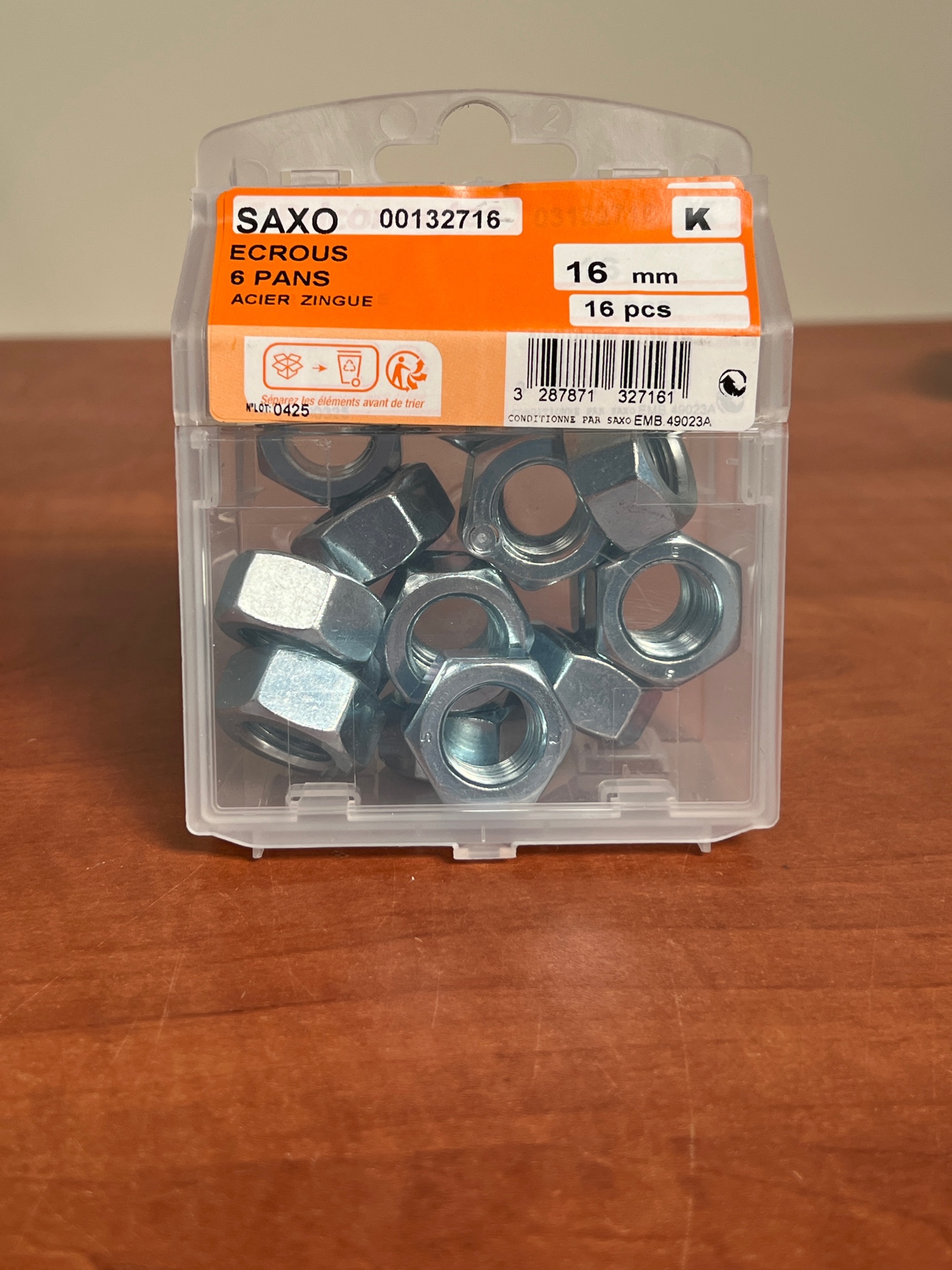 SAXO écrous 6 pans 16 mm acier zingué – boîte de 16 pièces