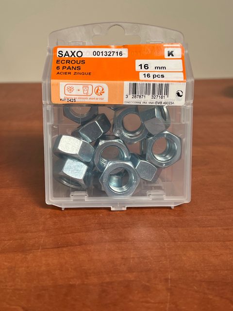 SAXO écrous 6 pans 16 mm acier zingué – boîte de 16 pièces