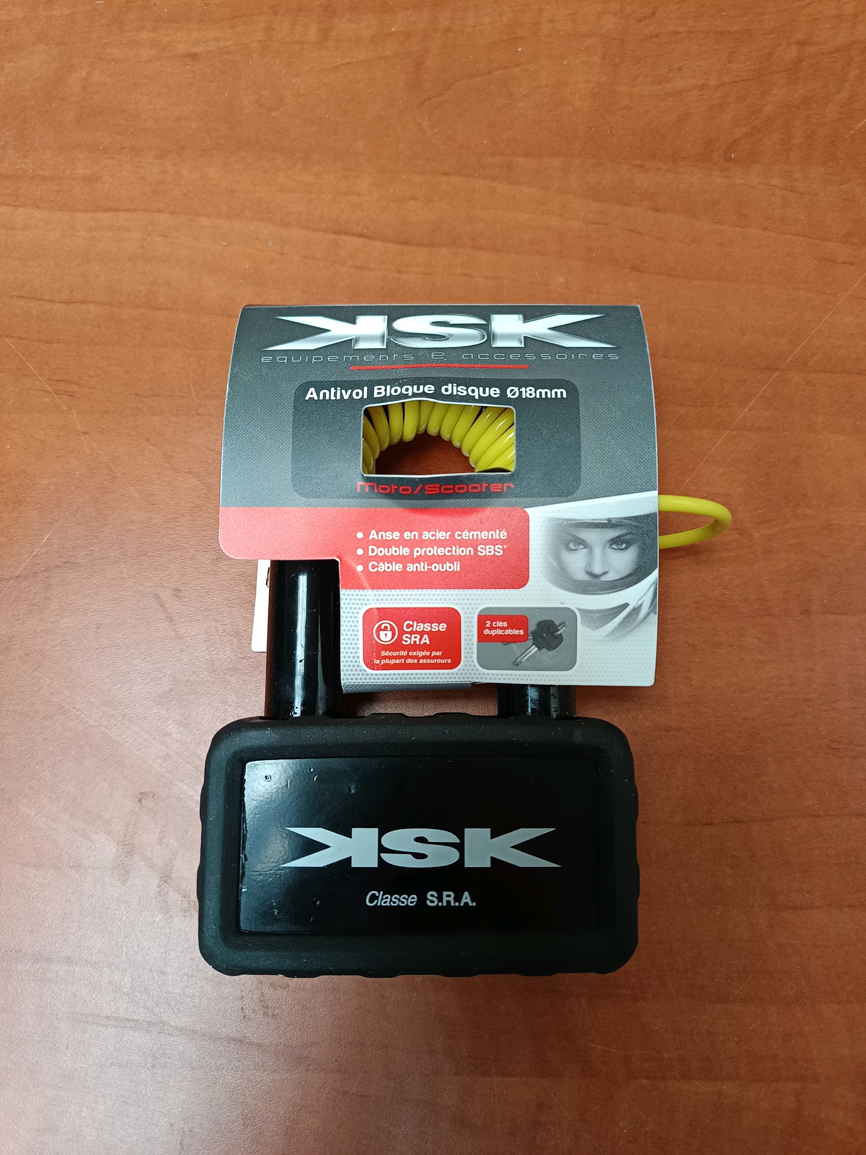 KSK Antivol bloque-disque Ø18 mm moto/scooter - Classe SRA, avec câble anti-oubli