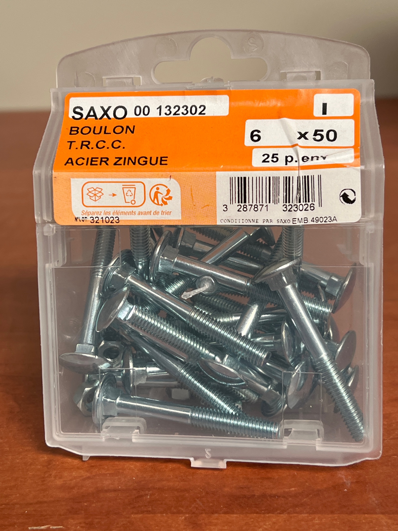 SAXO Boulons T.R.C.C. acier zingué 6 x 50 – boîte de 25