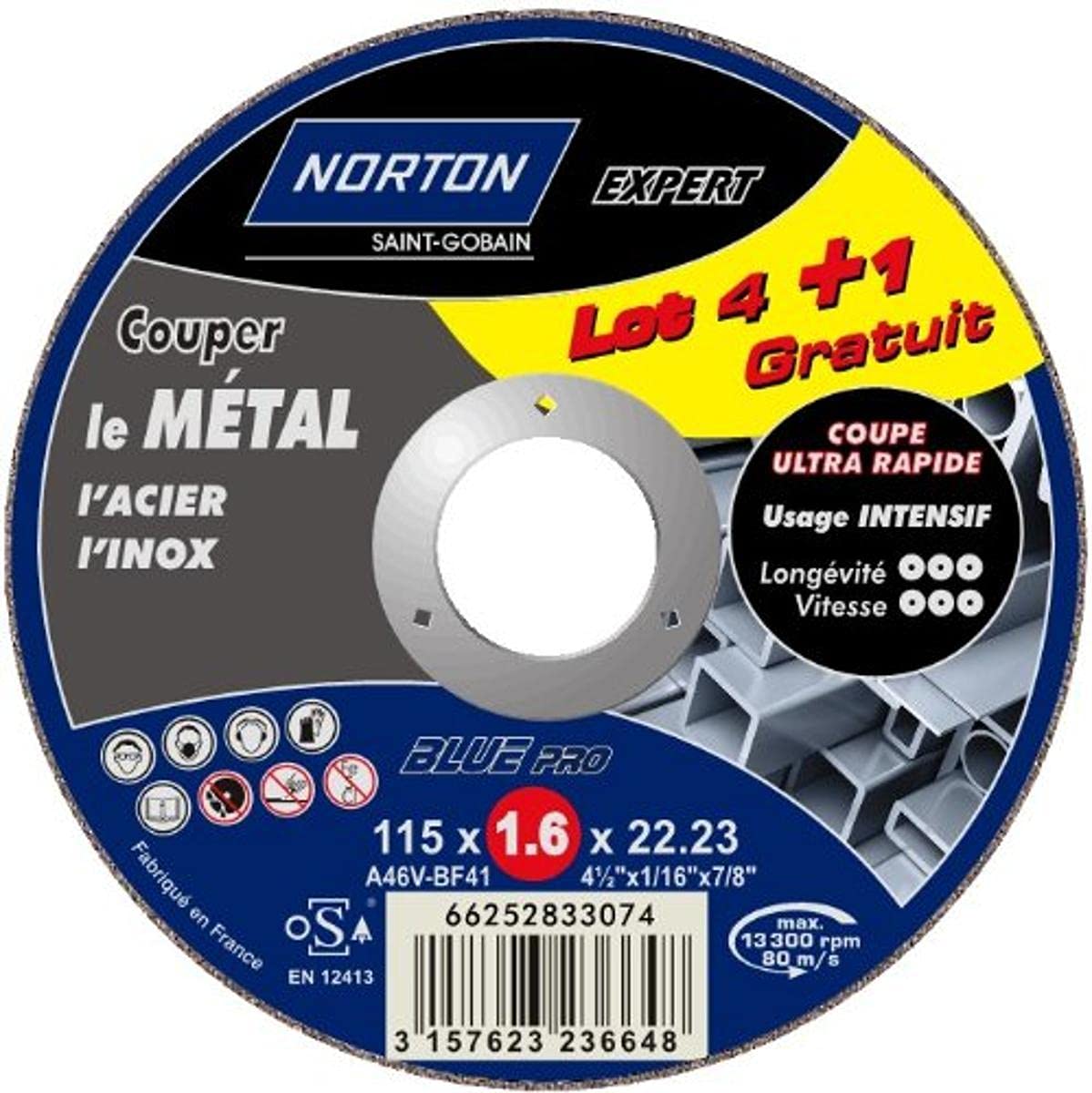 Norton Lot de 4 1 Meules tronçonnage métal 115 x 1,6 x 22,2 mm