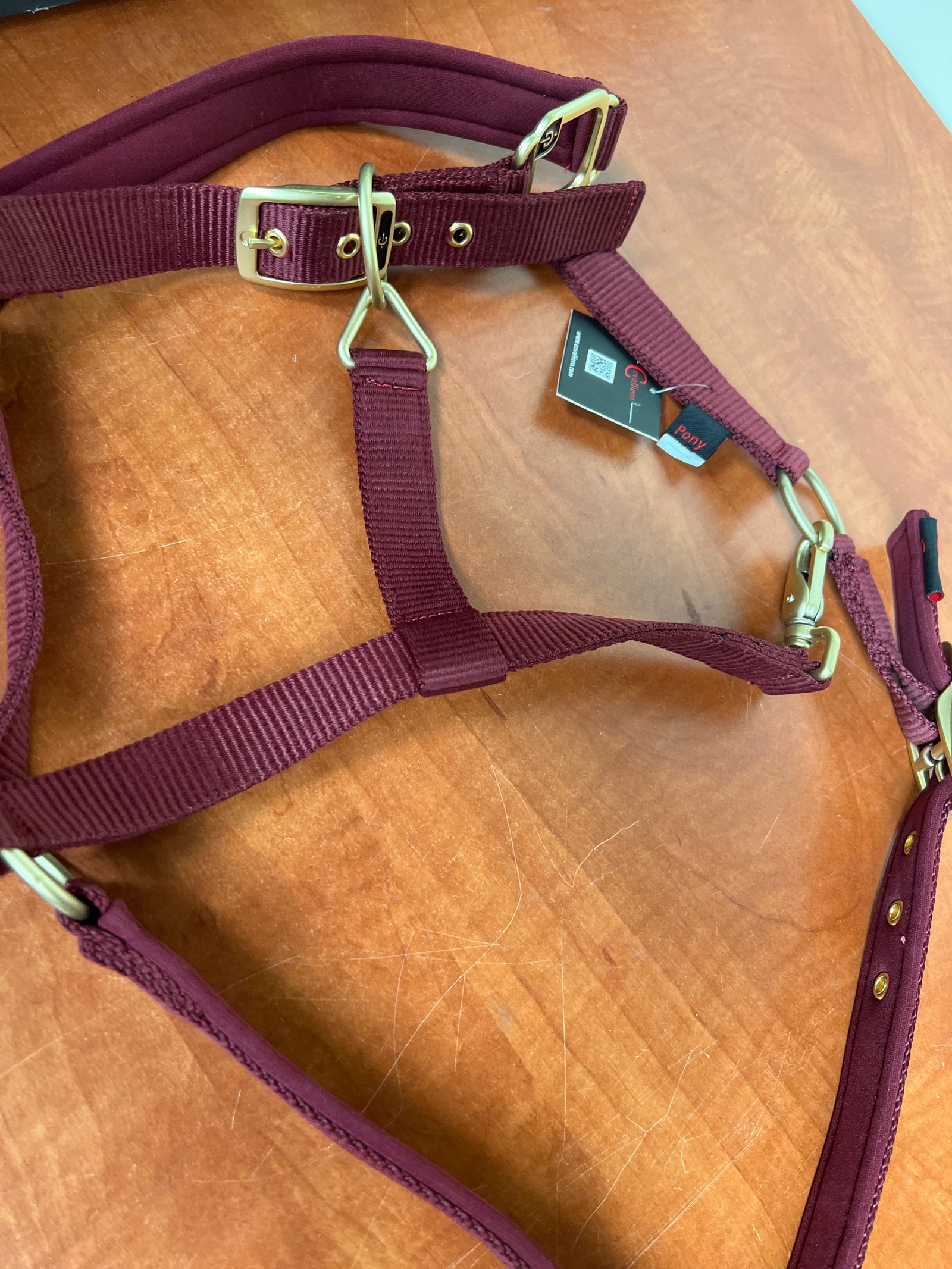 Licol cheval en nylon bordeaux à bouclerie dorée
