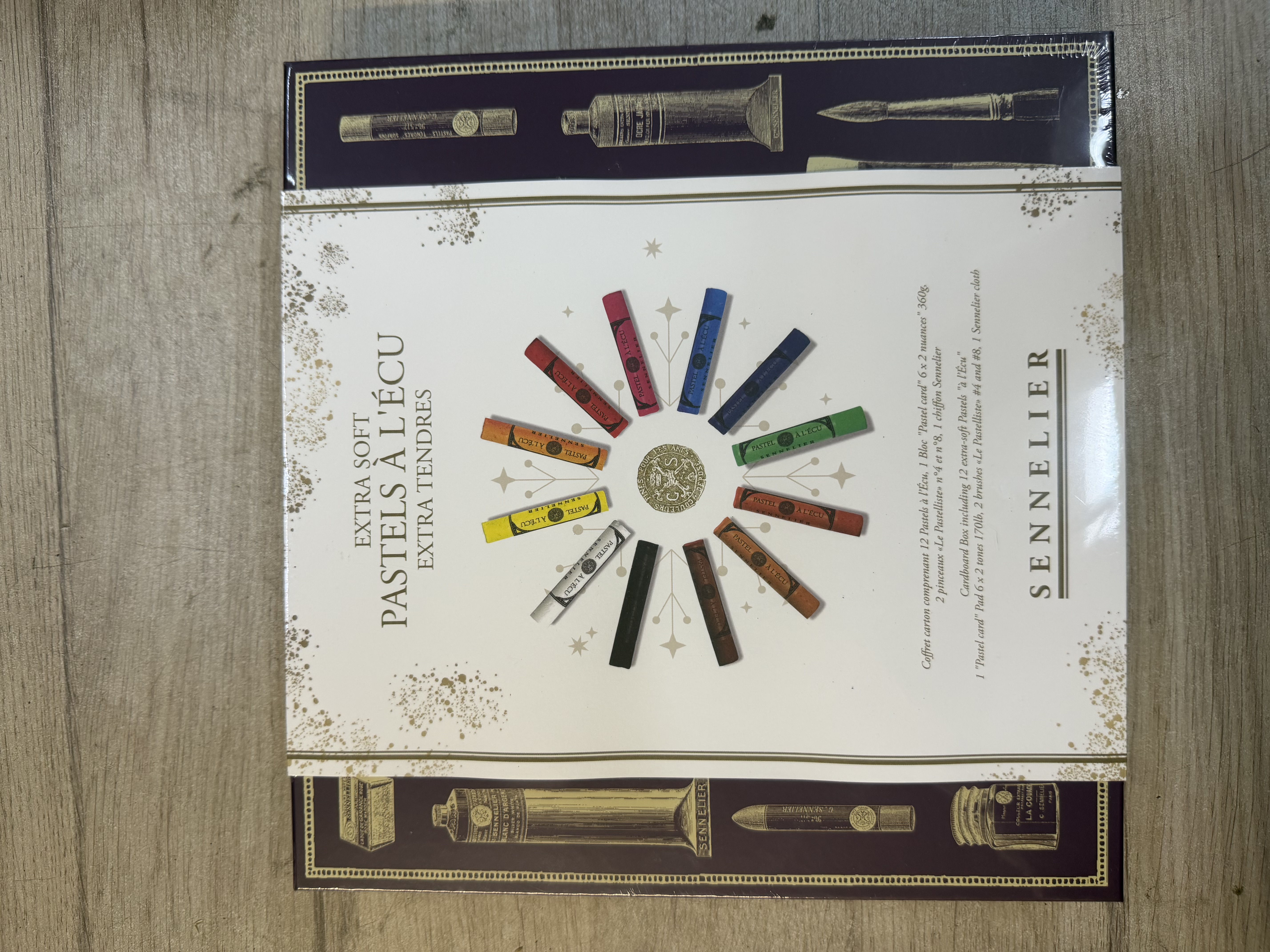 Coffret pastels à l'écu extra tendres Sennelier 12 couleurs avec bloc, 2 pinceaux et chiffon