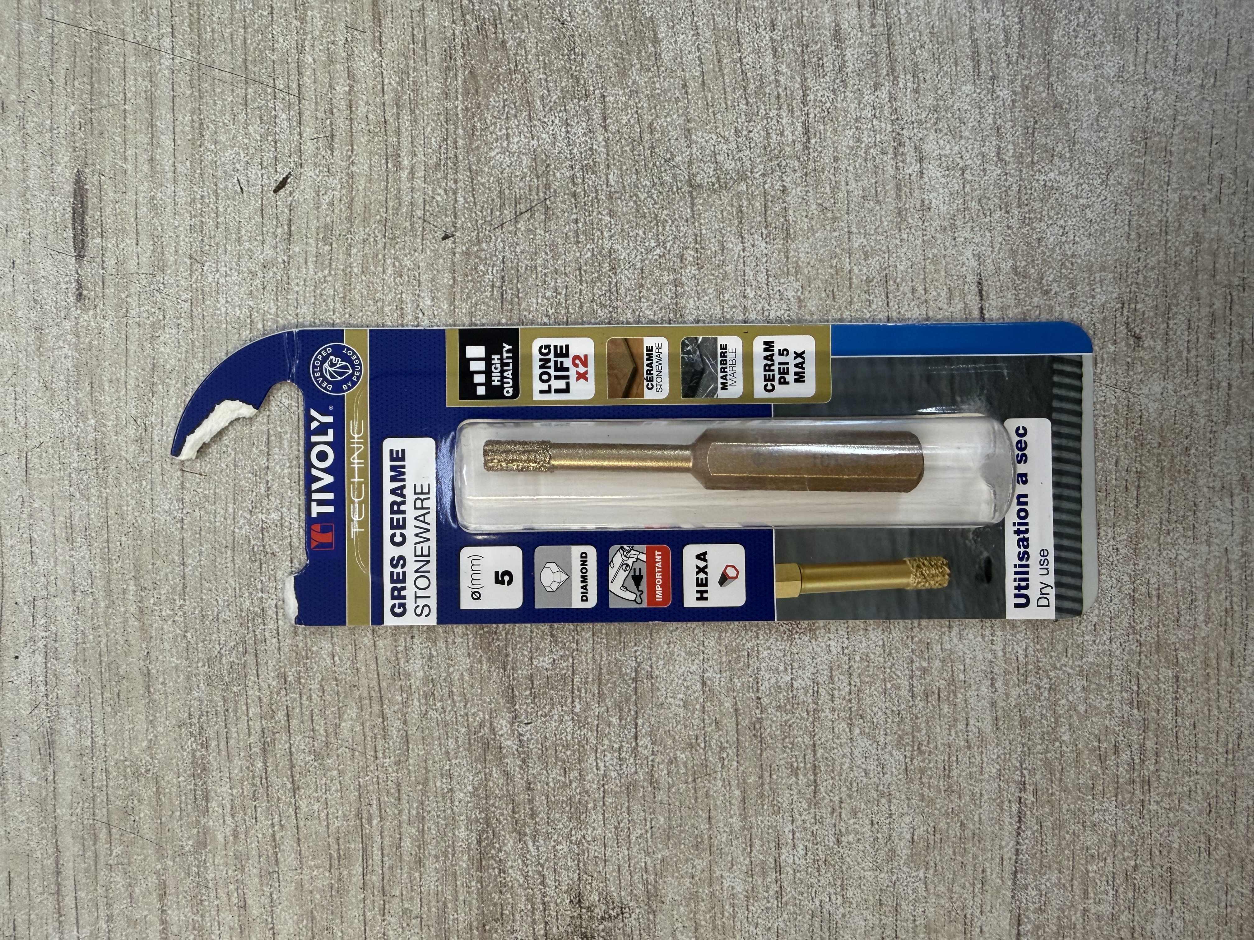 TIVOLY Technic Grès Cérame Stoneware – foret diamant Ø5 mm HEXA (utilisation à sec)