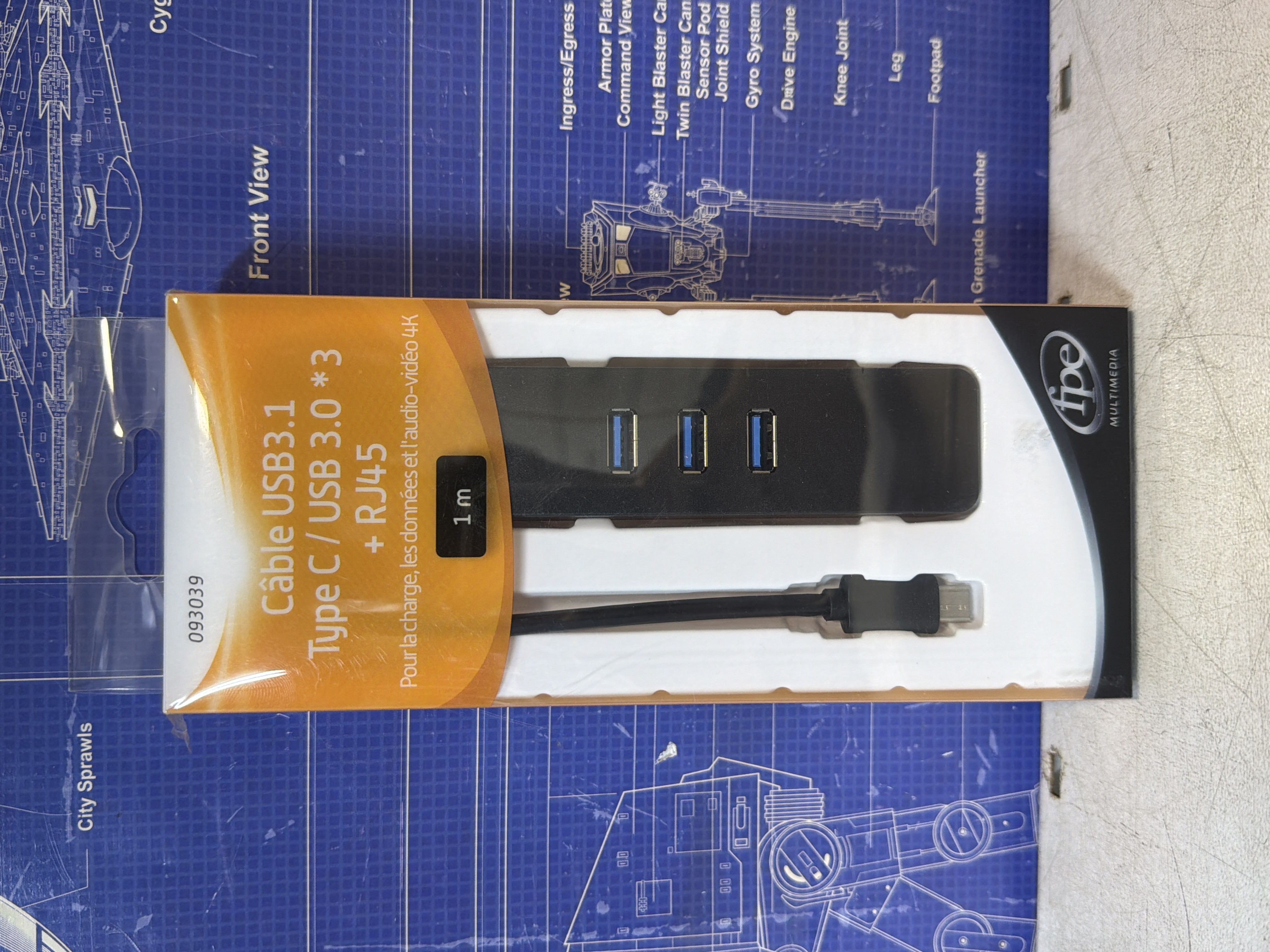 Câble USB type C mâle / 3 USB 3.0 femelle + RJ45 femelle - FPE