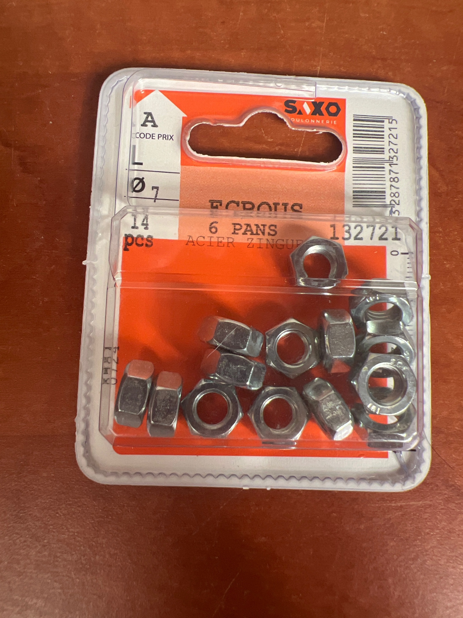 SAXO écrous 6 pans Ø7 acier zingué (14 pièces)