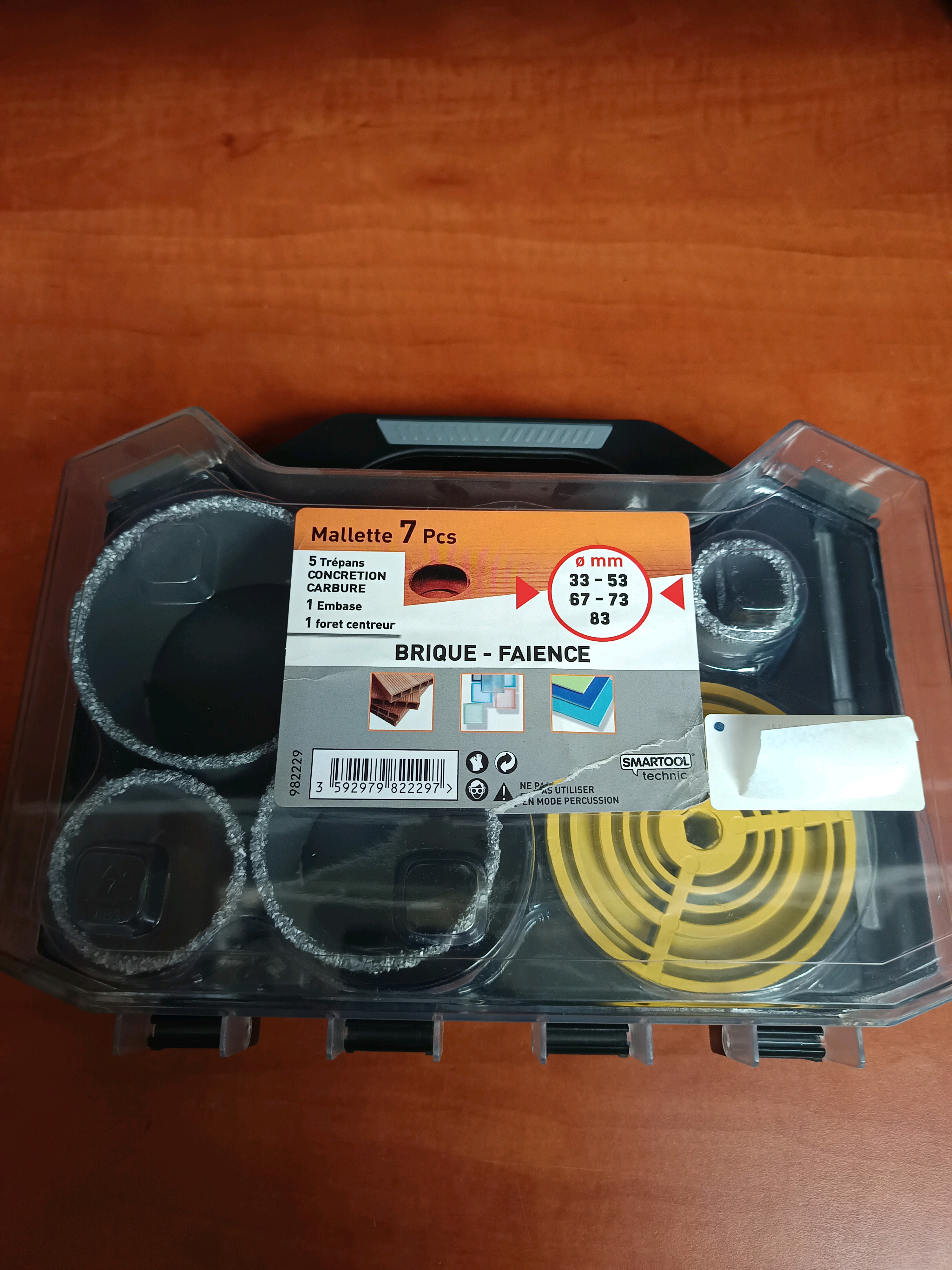 Mallette 7 pièces de scies-cloches carbure pour brique/faïence, Ø 33, 53, 67, 73, 83 mm